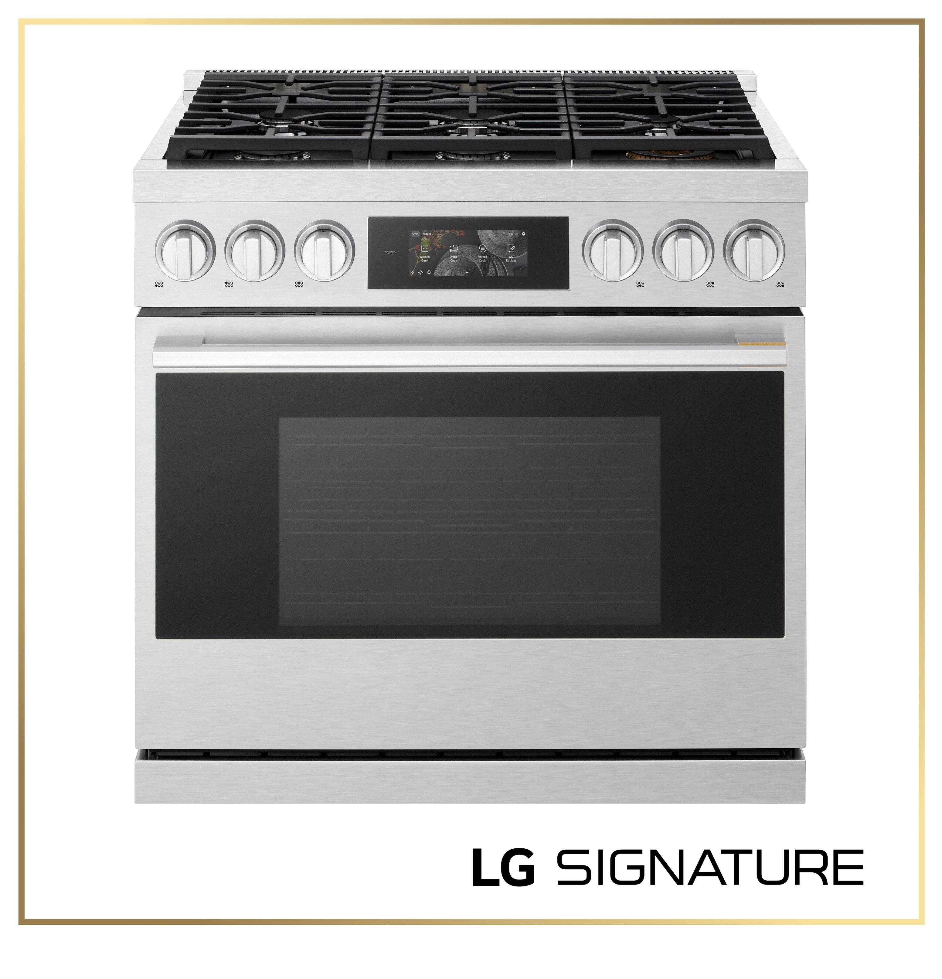 Angle. LG - SIGNATURE 6.3 Cu. Ft. Slide-In Gas True Convection Pro Range with EasyClean, AirFry, and UltraHeat 23K Dual Power Burner - Stainless Steel.