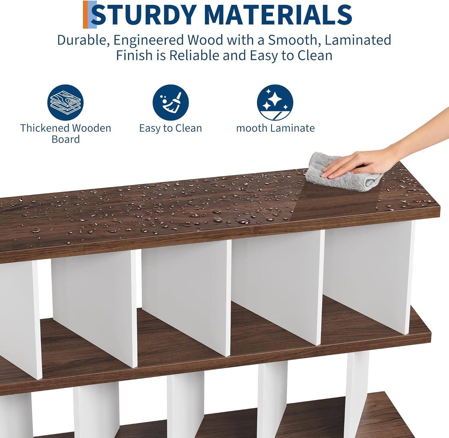 STURDY MATERIALS  
Durable, Engineered Wood with a Smooth, Laminated Finish is Reliable and Easy to Clean  
- Thickened Wooden Board  
- Easy to Clean  
- Smooth Laminated