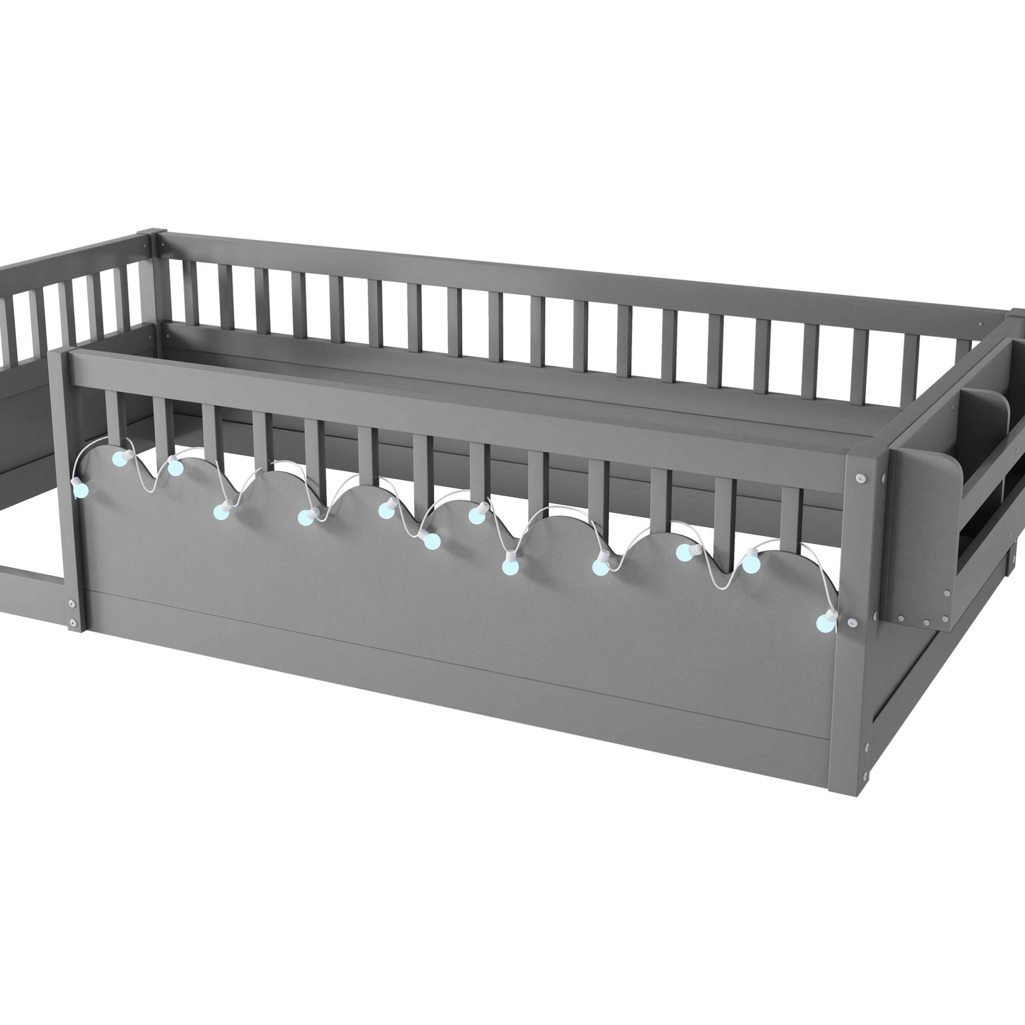 Alt View 7. GOODSILO - Twin Montessori Low Profile Floor Bed Frame with Safety Rails, LED Lighting and Storage Shelf for Children's Bedroom - Grey.