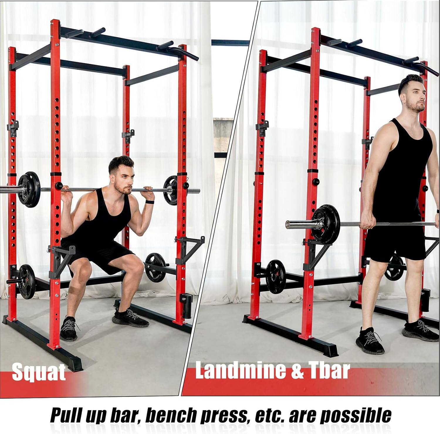 Squat  
Landmine & Tbar  

Pull up bar, bench press, etc. are possible