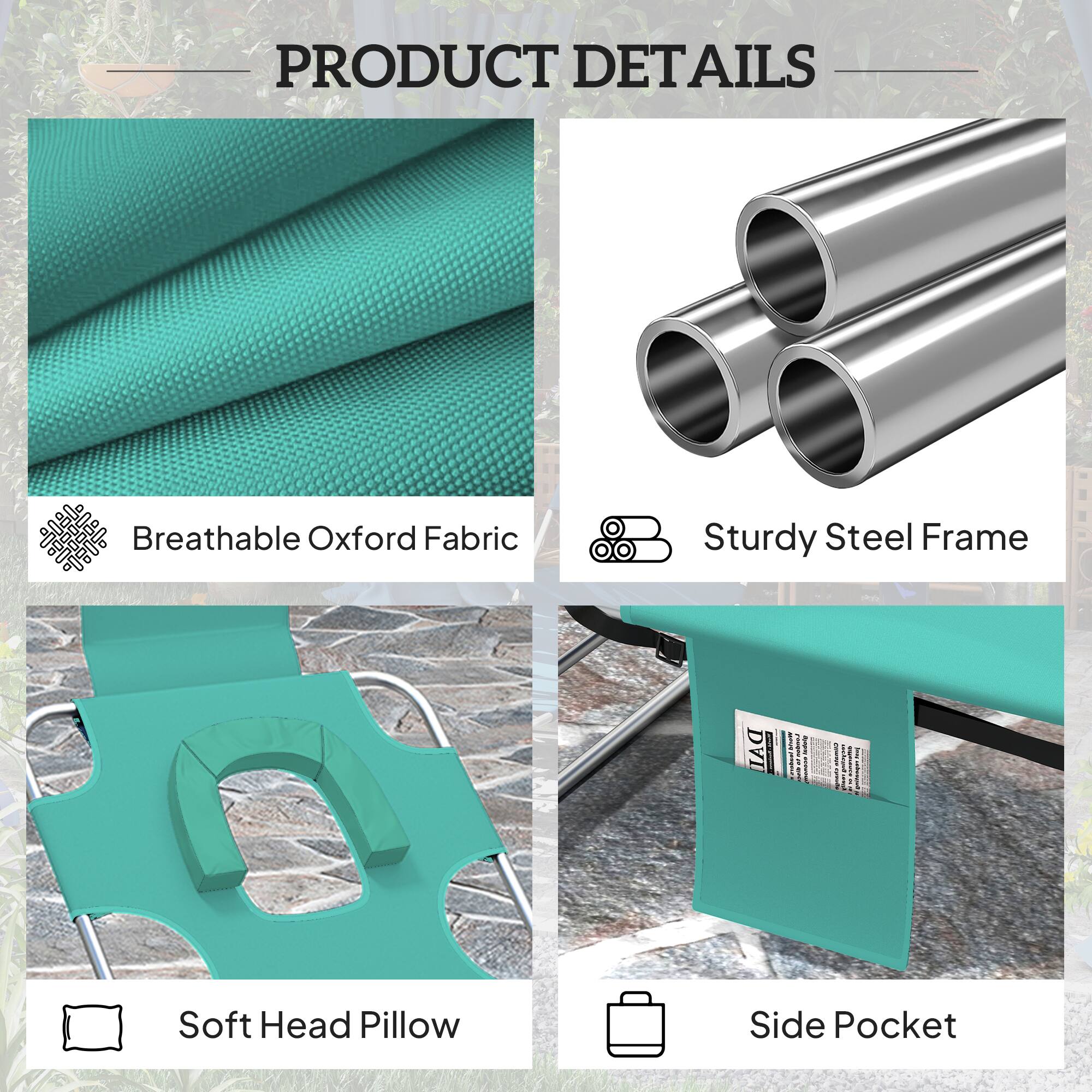 PRODUCT DETAILS

- Breathable Oxford Fabric
- Sturdy Steel Frame
- Soft Head Pillow
- Side Pocket