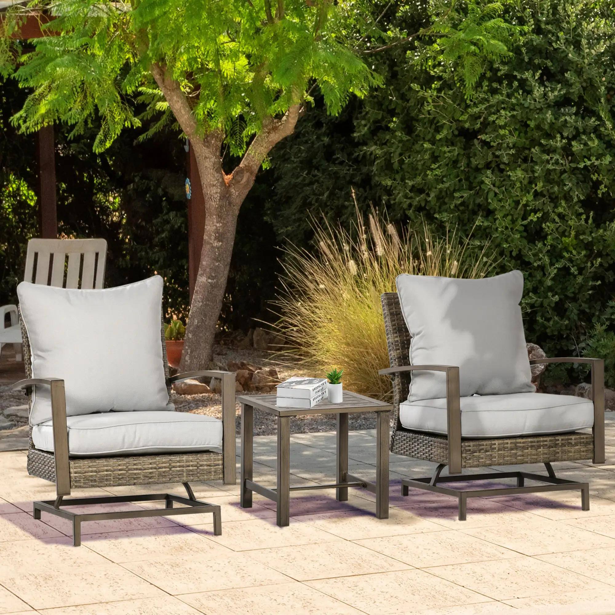 Left. Resenkos - Resenkos 3-Piece Rattan Patio Bistro Furniture Set, Soft Cushions and Rocking Function, Gray - Gray.
