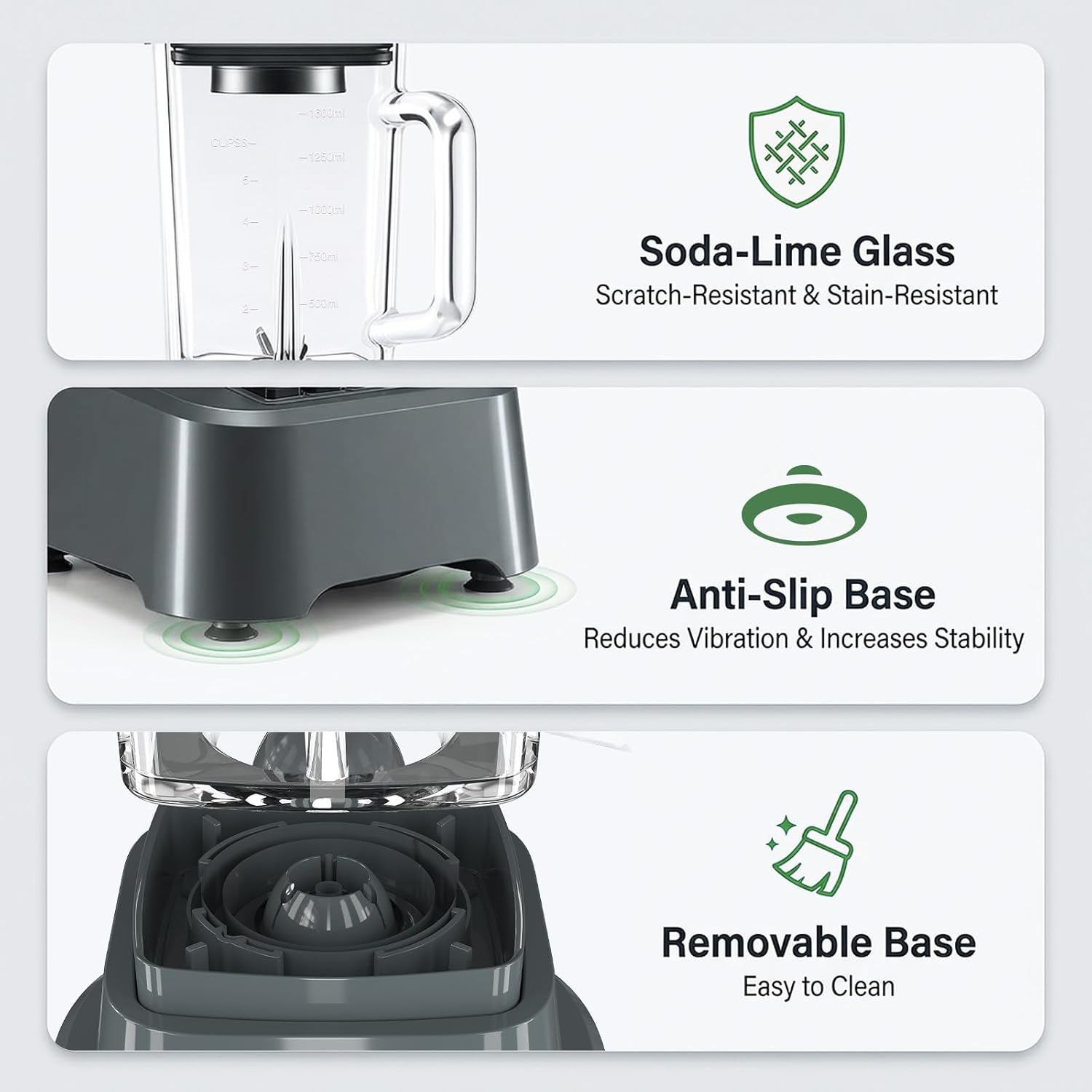 1500cal UP0e Soda-Lime Glass Scratch-Resistant & Stain-Resistant Anti-Slip Base Reduces Vibration & Increases Stability Removable Base Easy to Clean