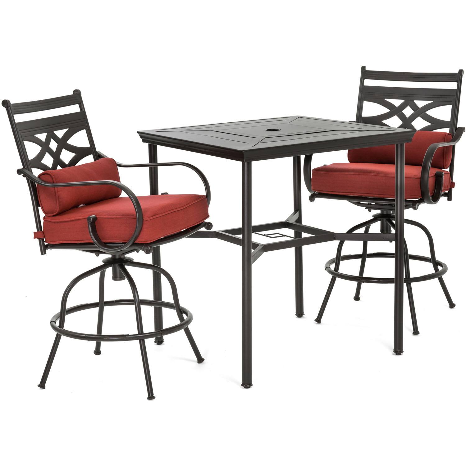 Front. Hanover - Montclair 3-Piece High-Dining Set with 2 Swivel Chairs and a 33-Inch Square Table - Chili Red/Brown.