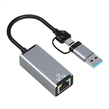 Front. Stock Preferred - 2-in-1 USB-C & USB-A to RJ45 Gigabit Ethernet Adapter - Gray.