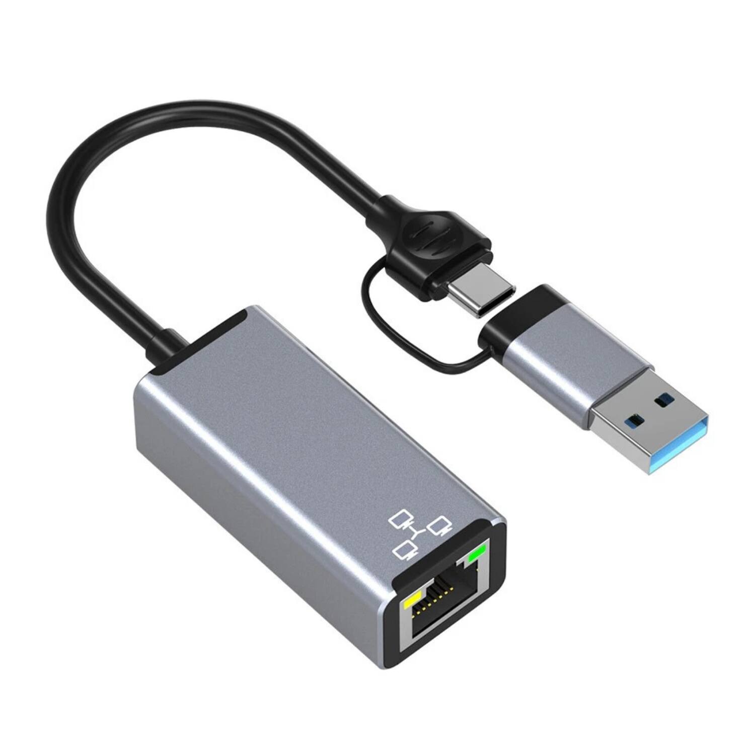 Front. Stock Preferred - 2-in-1 USB-C & USB-A to RJ45 Gigabit Ethernet Adapter - Gray.