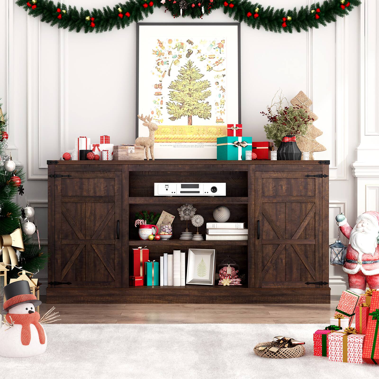 Angle. Espafurni - 66" Farmhouse TV Stand w/Power Outlet, 33"H, Adjustable Shelves & Storage – Fits 75" TV - Brown.
