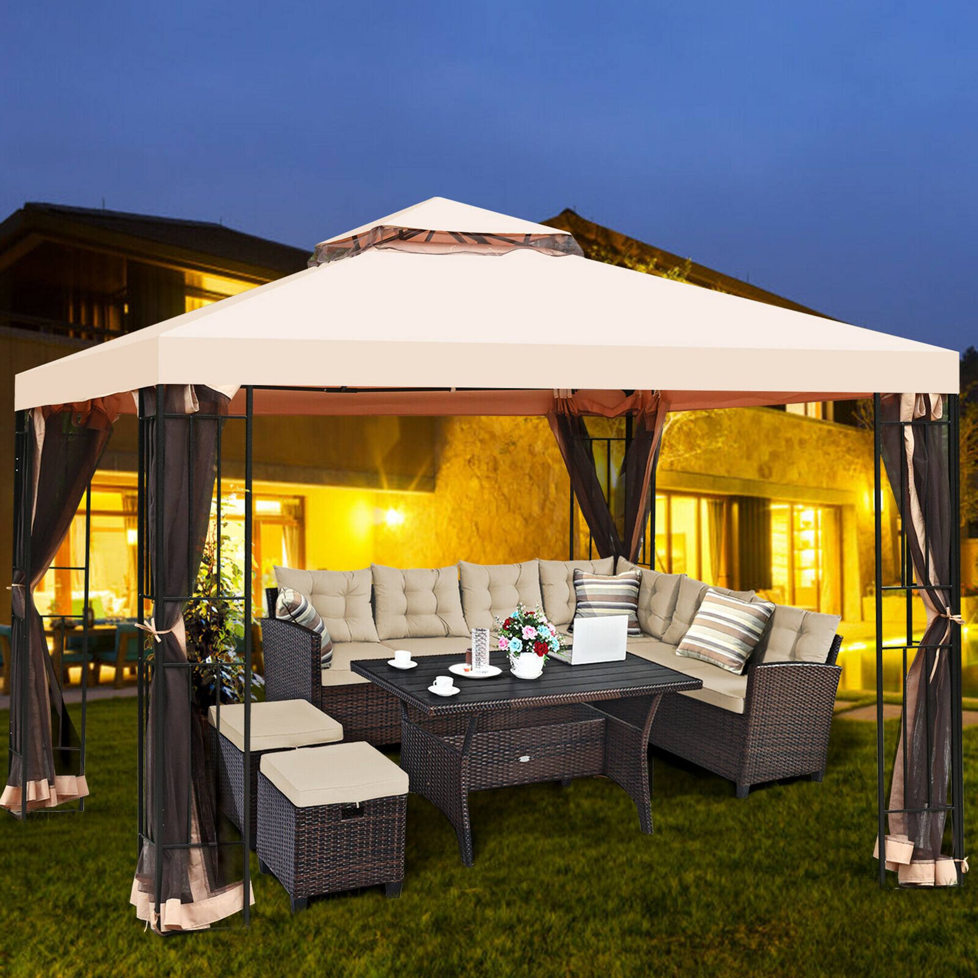 Alt View 1. Gymax - Gymax 10x10ft Metal Gazebo W/ Mosquito Netting Canopy Gazebo 2 Tier Vented Gazebo Top - Light brown.