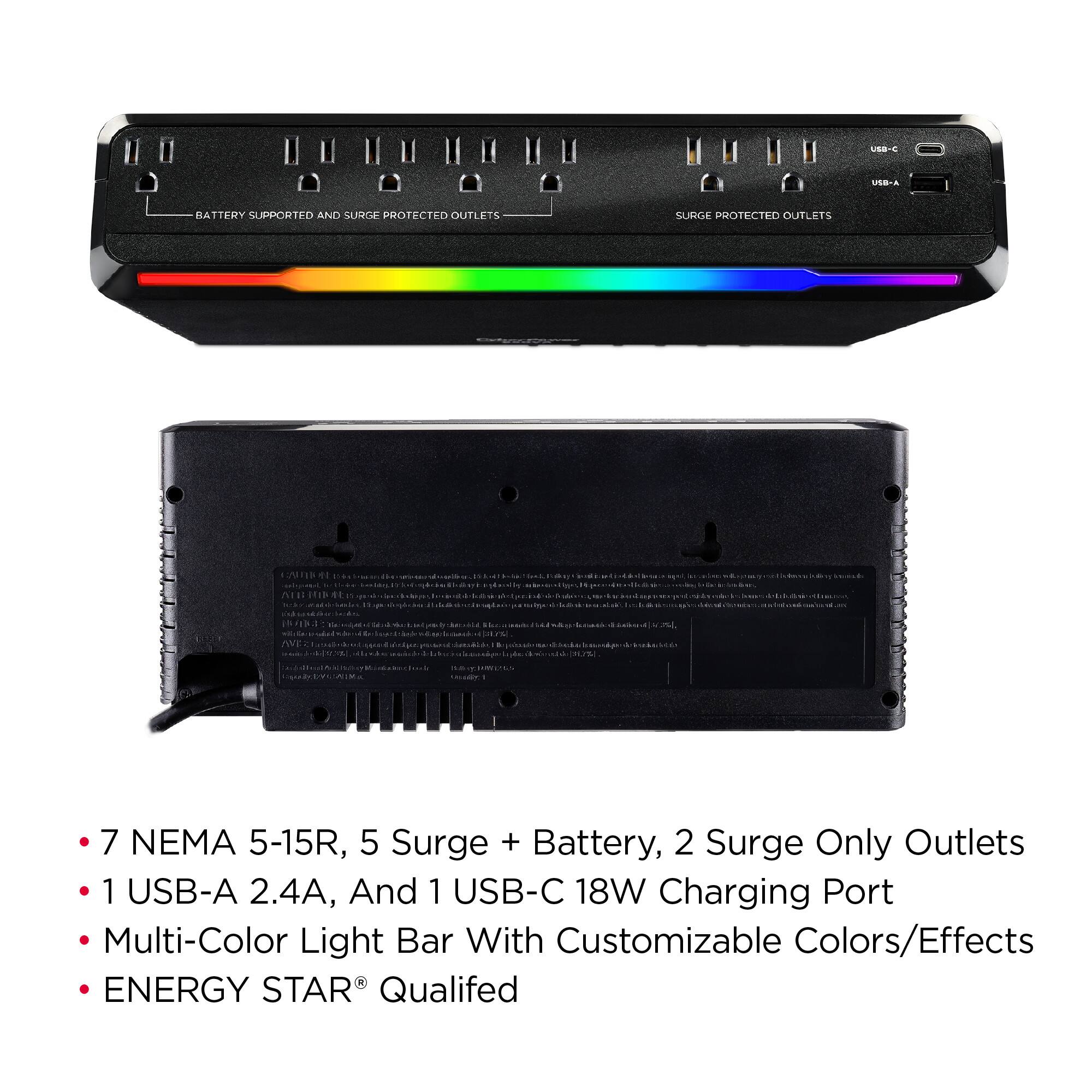 The text on the image is grouped and corrected as follows:
1. Battery Supported And Surge Protected Outlets: 7 NEMA 5-15R, 5 Surge + Battery, 2 Surge Only Outlets
2. 1 USB-A 2.4A, And 1 USB-C 18W Charging Port
3. Multi-Color Light Bar With Customizable Colors/Effects
4. Energy Star Qualified