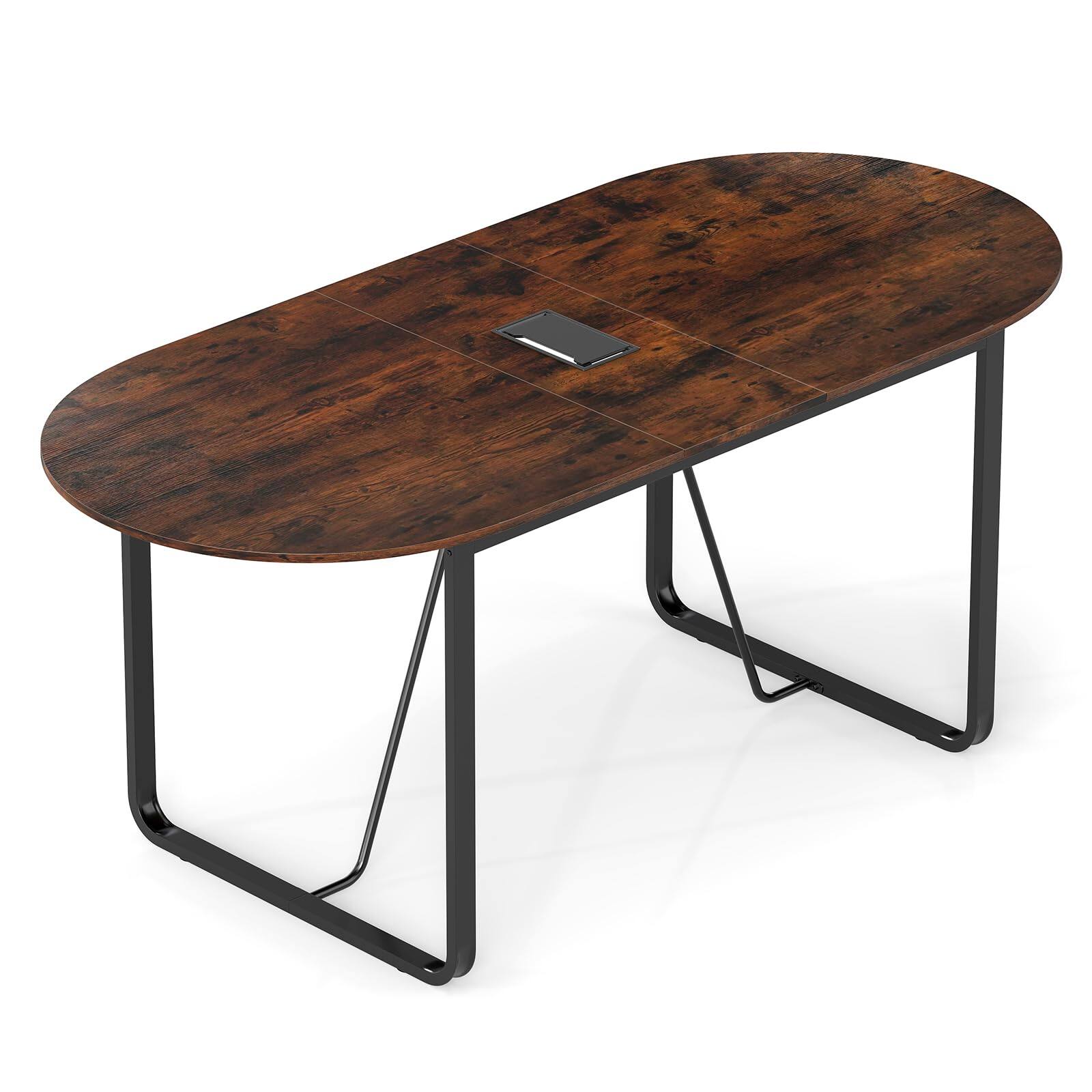 Front. Ecooso - 71" Executive Oval Office Table with Cable Management Grommet, Conference Workstation - Rustic Brown & Black.