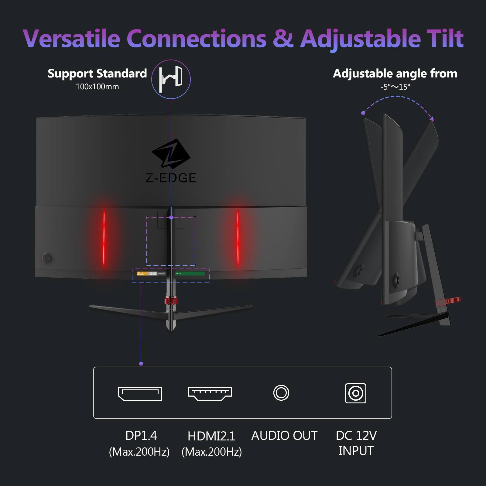 Versatile Connections & Adjustable Tilt
Support Standard 100x100mm
Adjustable angle from -5~15°
Z-EDGE
DP1.4 (Max.200Hz)
HDMI2.1 (Max.200Hz)
AUDIO OUT
DC 12V INPUT