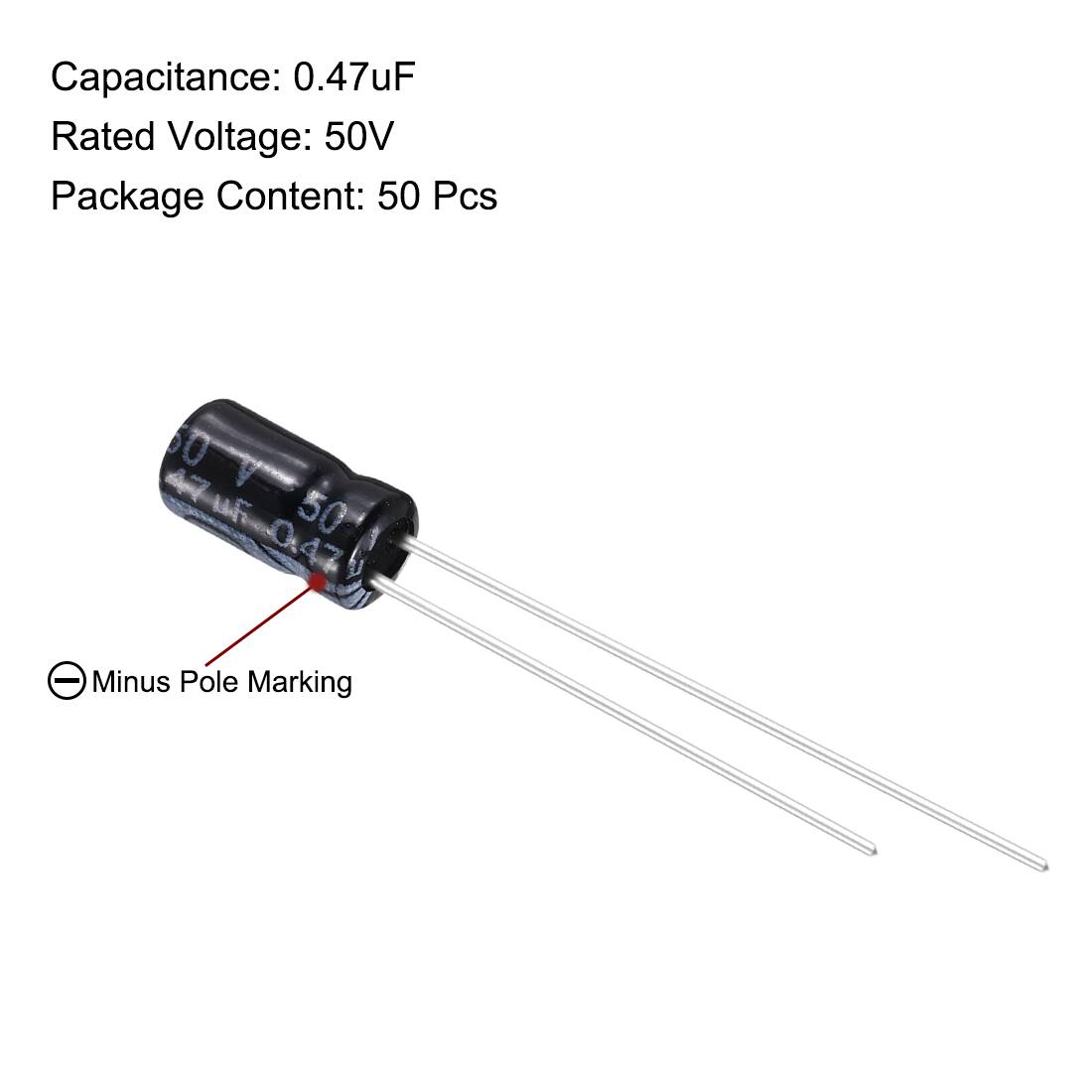 Capacitance: 0.47uF  
Rated Voltage: 50V  
Package Content: 50 Pcs  

Minus Pole Marking