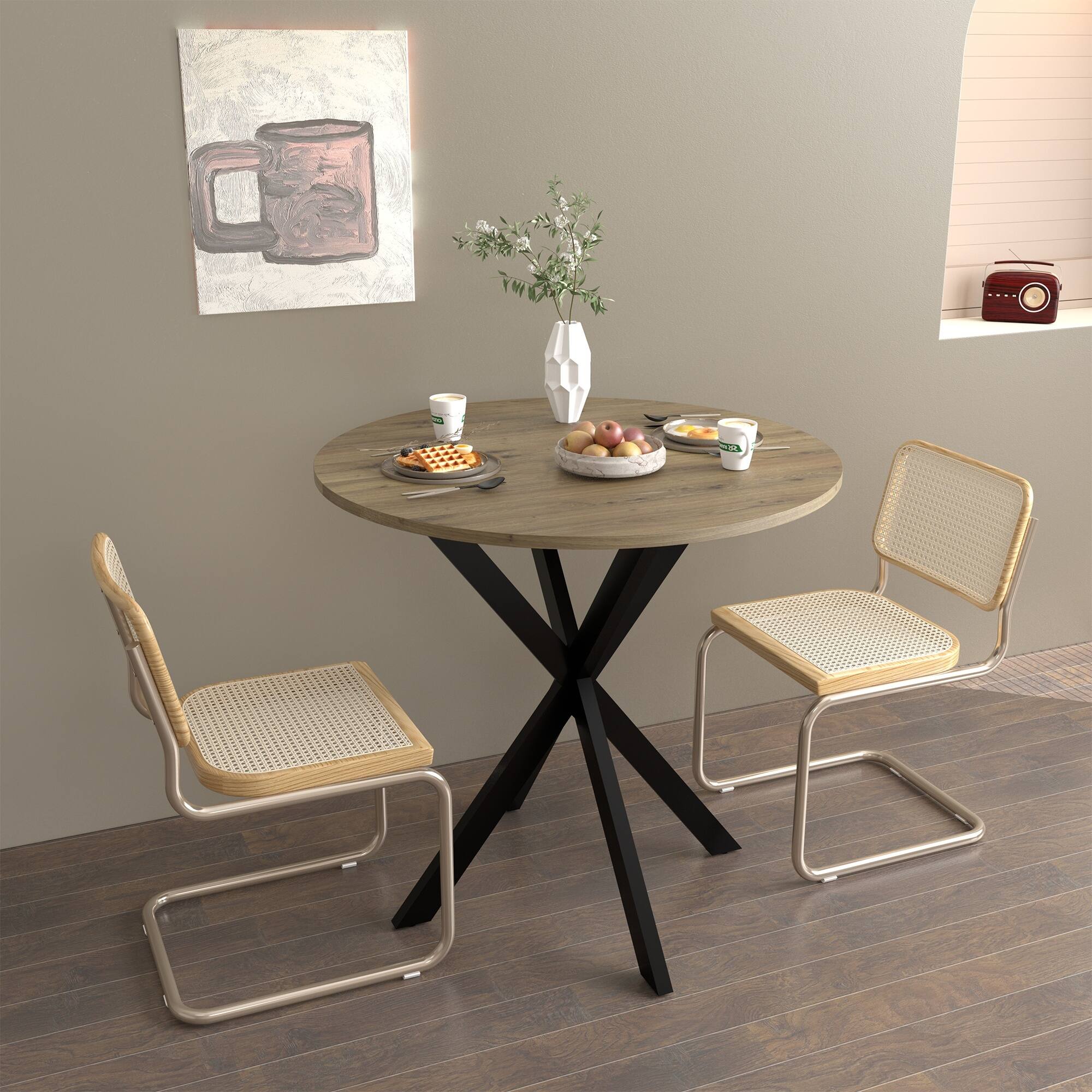 Back. Z-Edge - 31.5" Small Round Dining Table for 2-4 People, Dinner Table Space Saving Circle Kitchen Table for Small Space, Apartment - Brown.