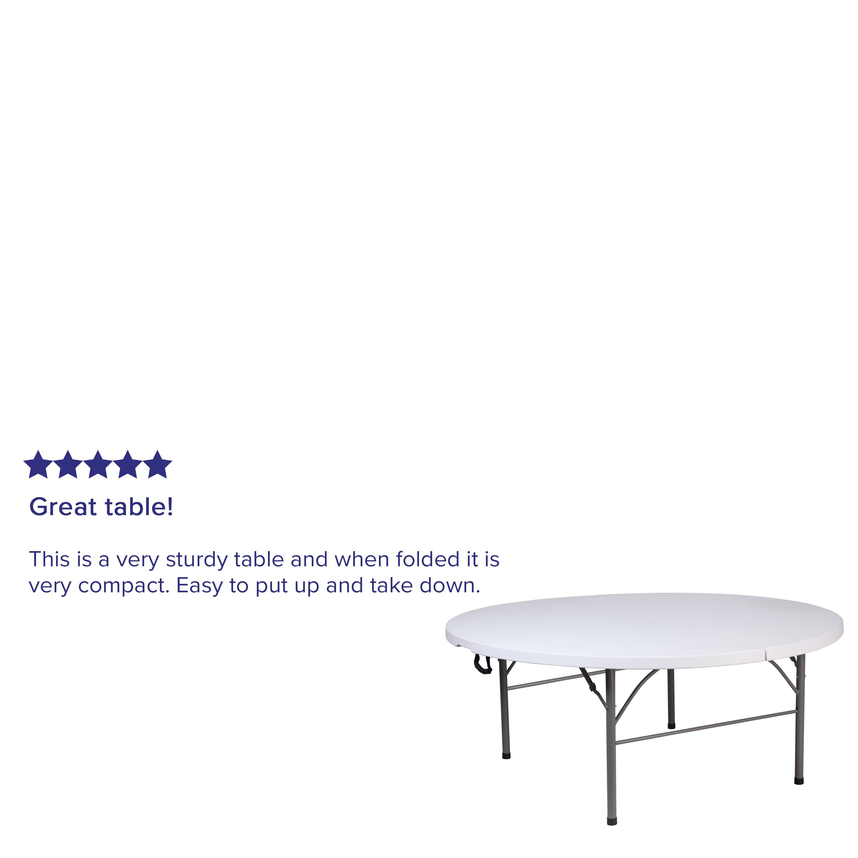 Great table!  
This is a very sturdy table and when folded it is very compact. Easy to put up and take down.