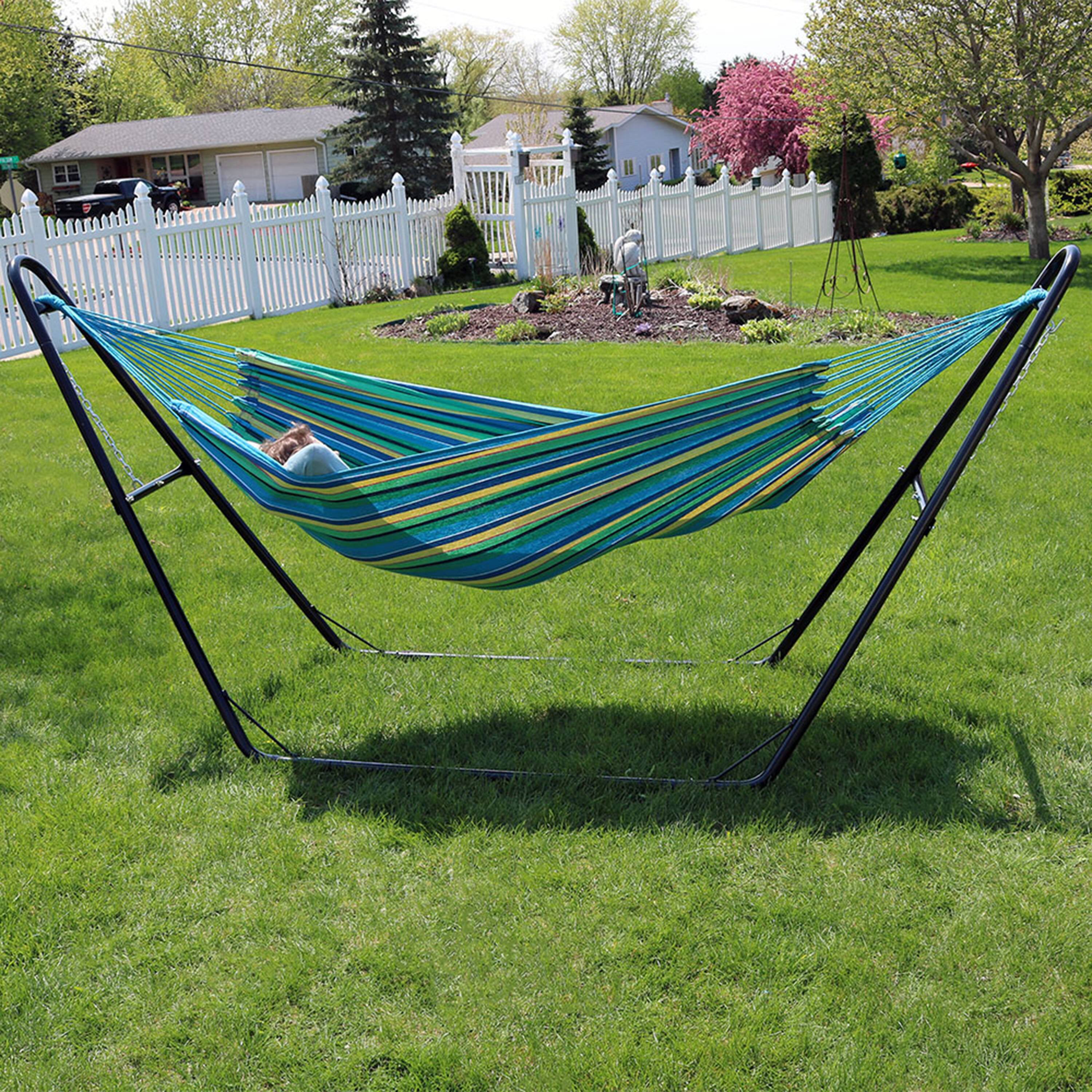 Alt View 2. Sunnydaze - 2-Person Cotton Hammock with Universal Steel Stand - Sea Grass - Sea Grass.