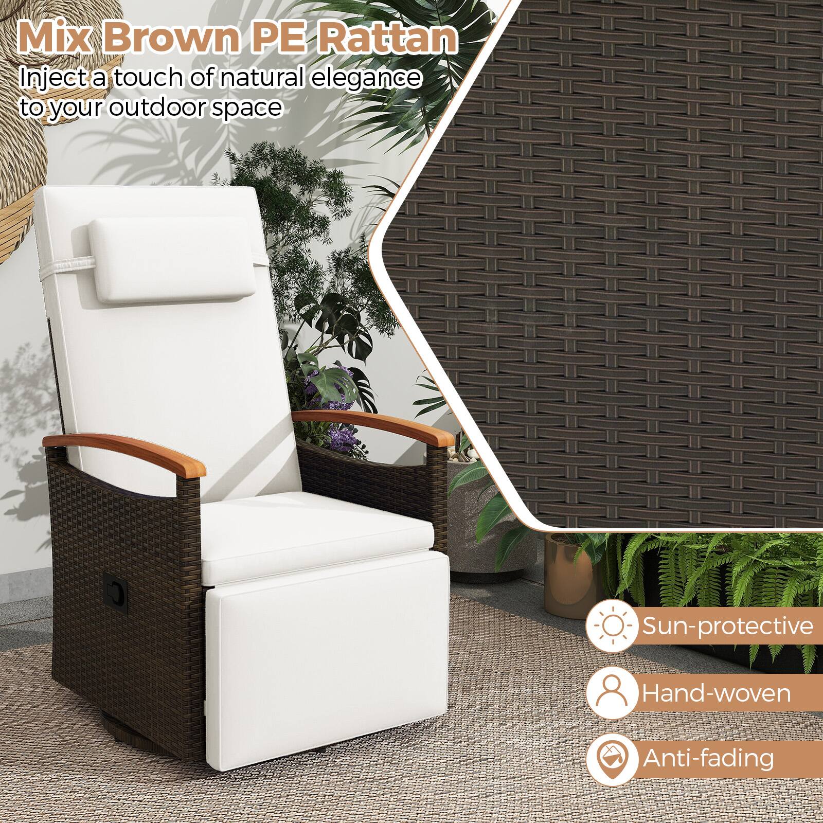 Mix Brown PE Rattan
Inject a touch of natural elegance to your outdoor space
Sun-protective
Hand-woven
Anti-fading