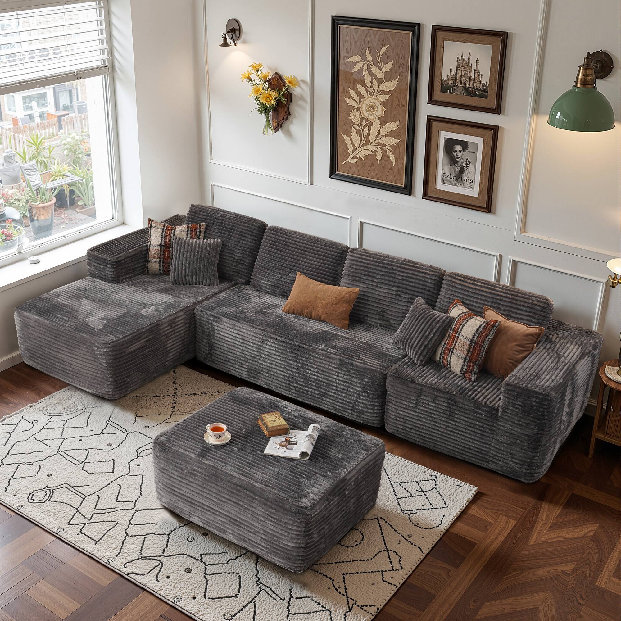 "Ovios - 135"" L Shaped Sectional Sofa with Chaise Lounge  & Oversized Ottoman for Living Room - Grey(F6)" price history on PriceWatchPro