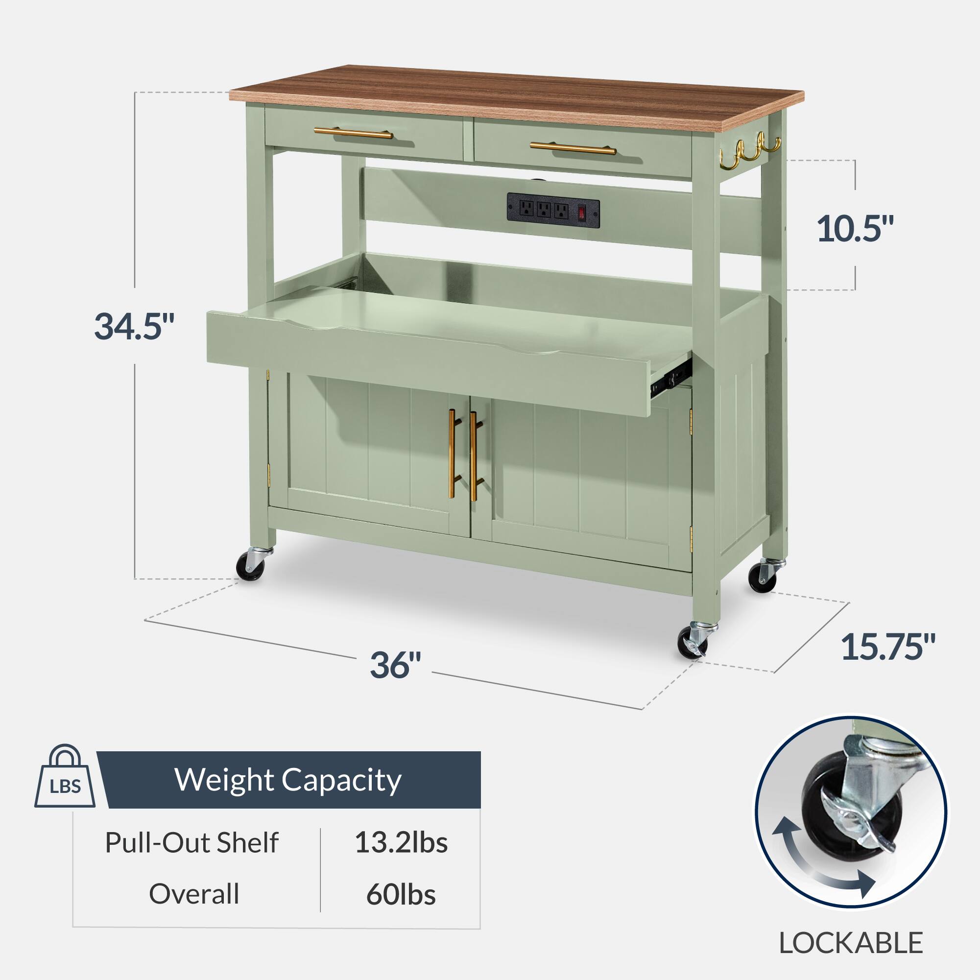 10.5" 34.5" 36" 15.75" LBS Weight Capacity Pull-Out Shelf 13.2lbs Overall 60lbs LOCKABLE