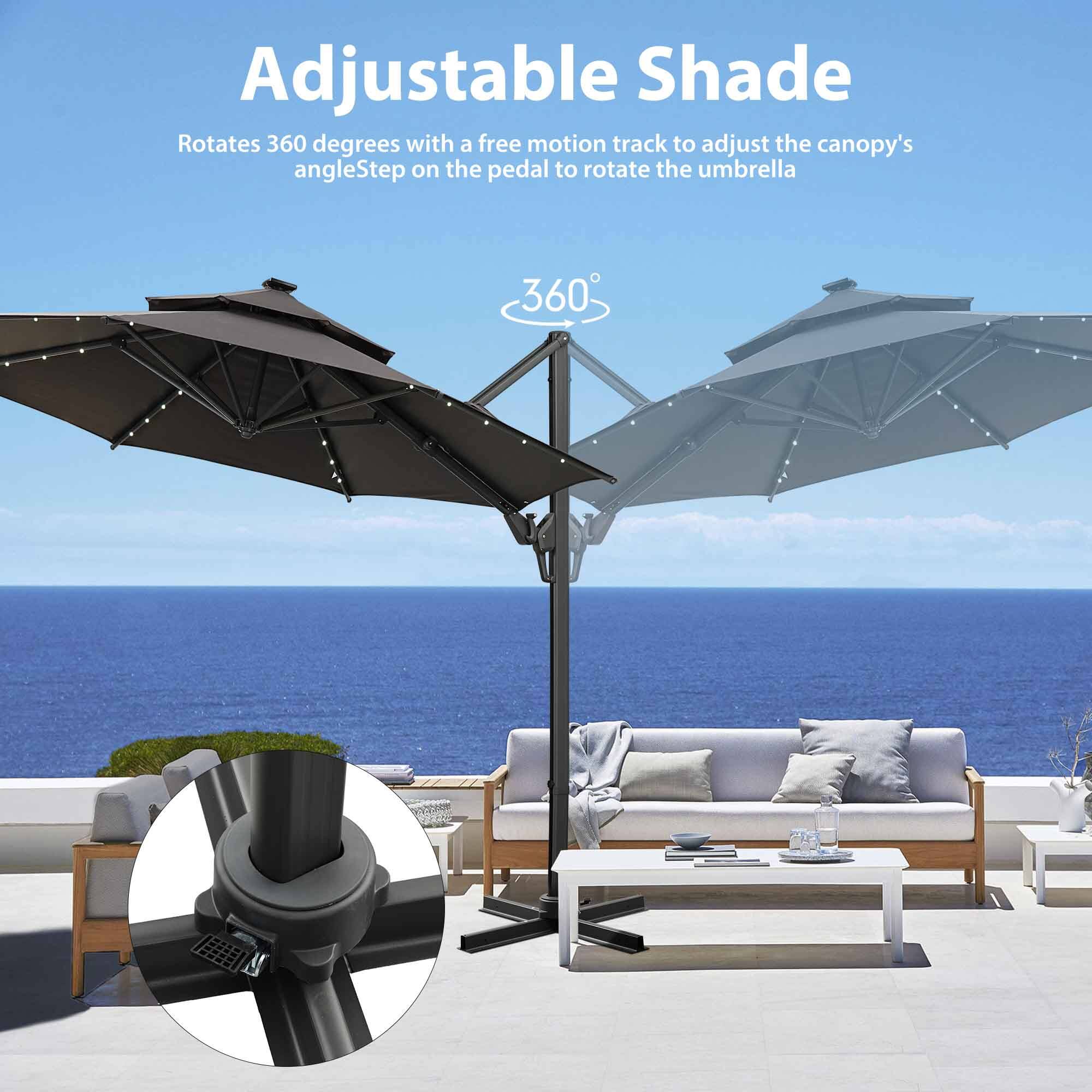 Adjustable Shade

Rotates 360 degrees with a free motion track to adjust the canopy's angle. Step on the pedal to rotate the umbrella.