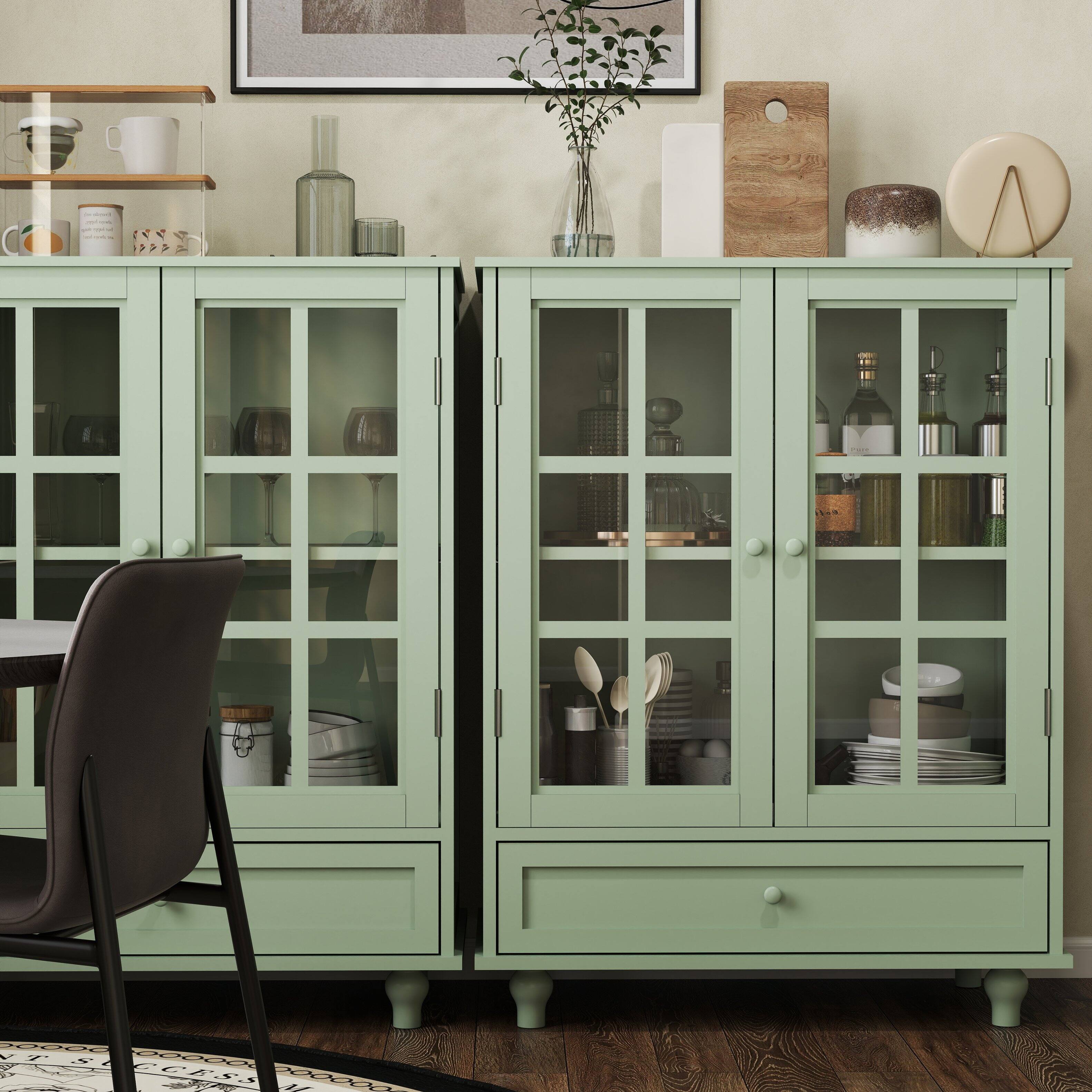 Alt View 8. Ecooso - Minimalist Buffet Cabinet with Double Glass Doors, Drawer & Storage Shelves - Green.