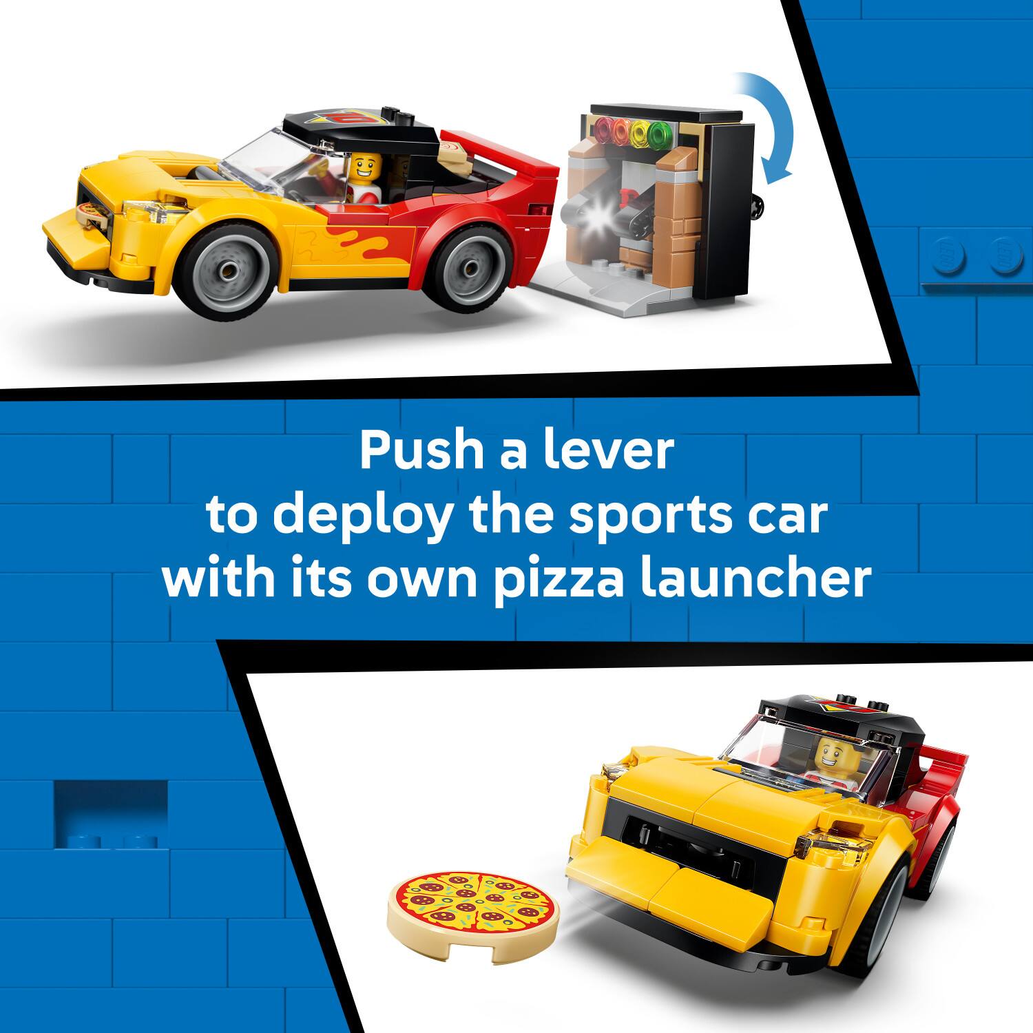 Push a lever to deploy the sports car with its own pizza launcher