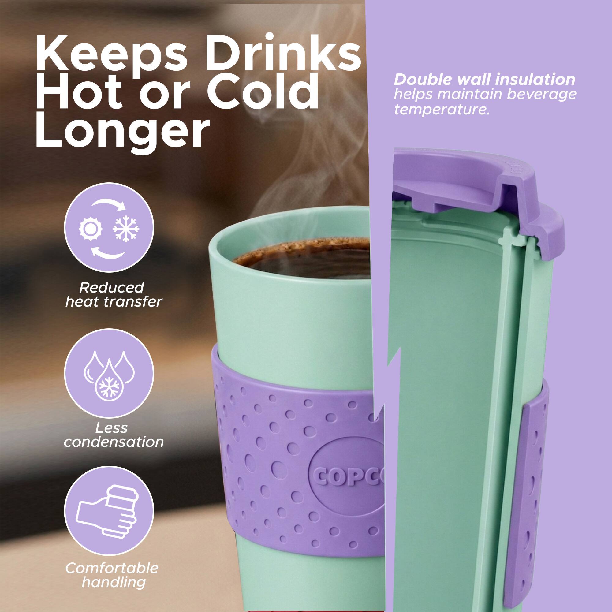 Keeps Drinks Hot or Cold Longer

Double wall insulation helps maintain beverage temperature.

- Reduced heat transfer
- Less condensation
- Comfortable handling