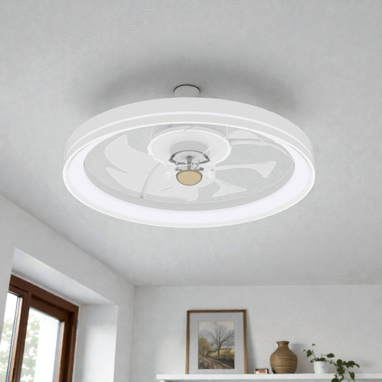 Front. BreeBe - 19" Modern Flush Ceiling Fan with Adjustable White LED Lighting - White.