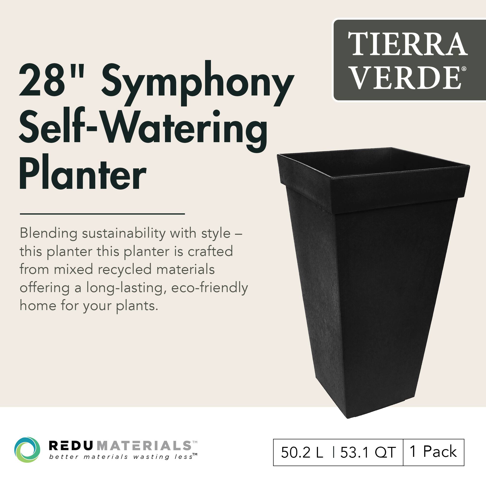28" Symphony Self-Watering Planter

Blending sustainability with style – this planter is crafted from mixed recycled materials offering a long-lasting, eco-friendly home for your plants.

TIERRA VERDE

REDU MATERIALS
better materials wasting less

50.2 L | 53.1 QT | 1 Pack