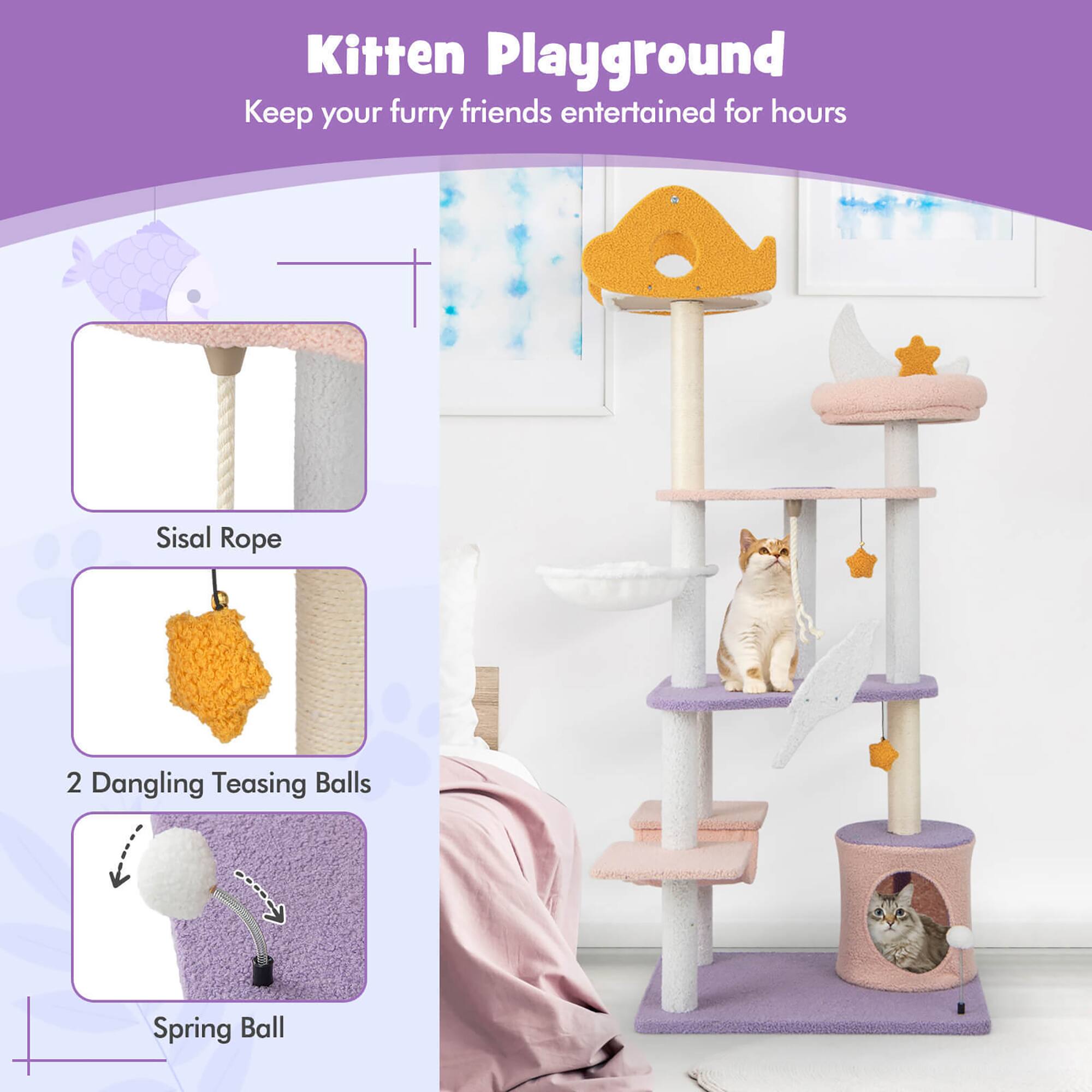 Kitten Playground  
Keep your furry friends entertained for hours

- Sisal Rope
- 2 Dangling Teasing Balls
- Spring Ball