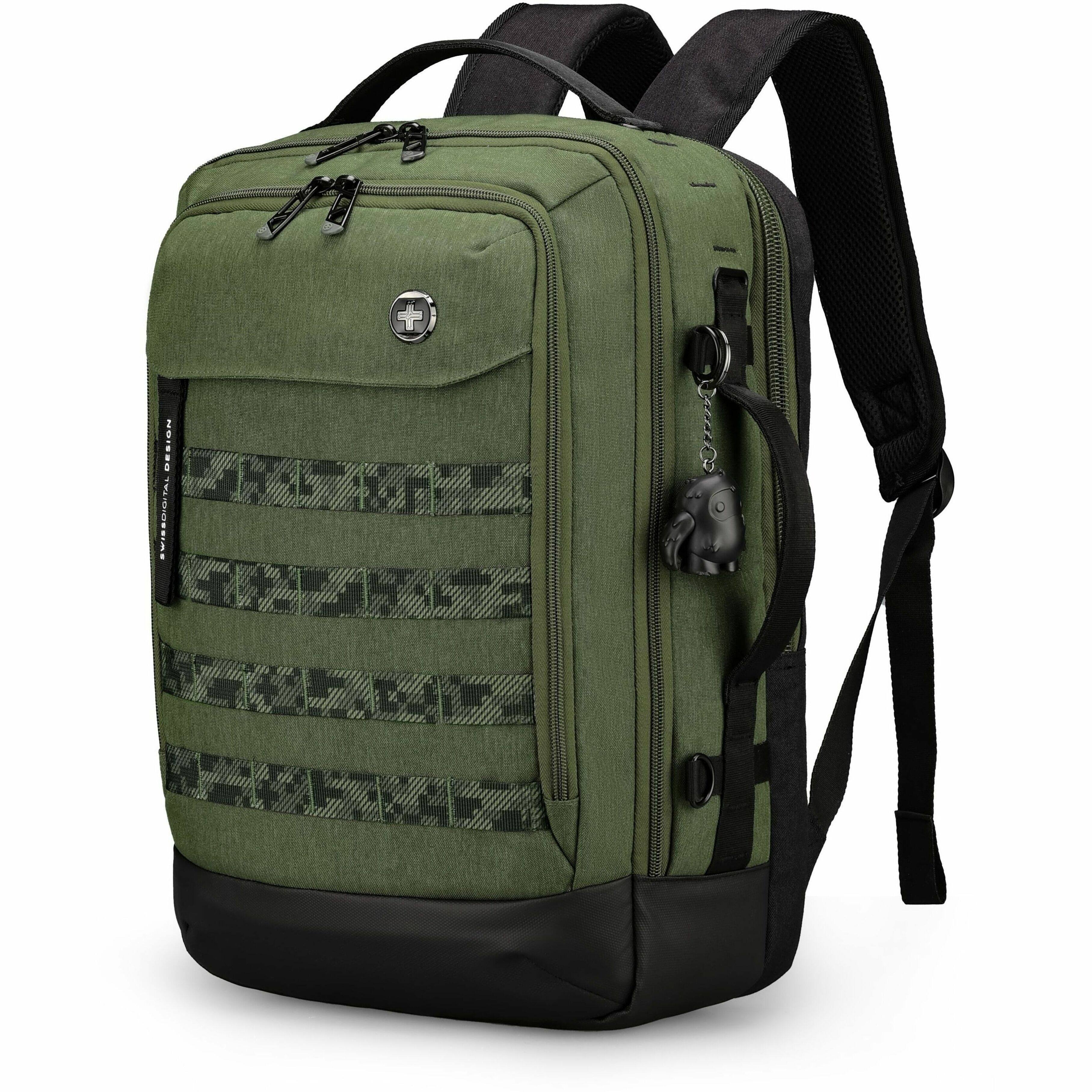 The backpack in the image is green and black, with a black strap. The backpack is designed by the brand Twice.