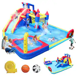 Loheer - 10 in 1 Inflatable Water Park Bouncing House with Dual Splash Pools Climbing Wall and Water Gun for Kids Backyard