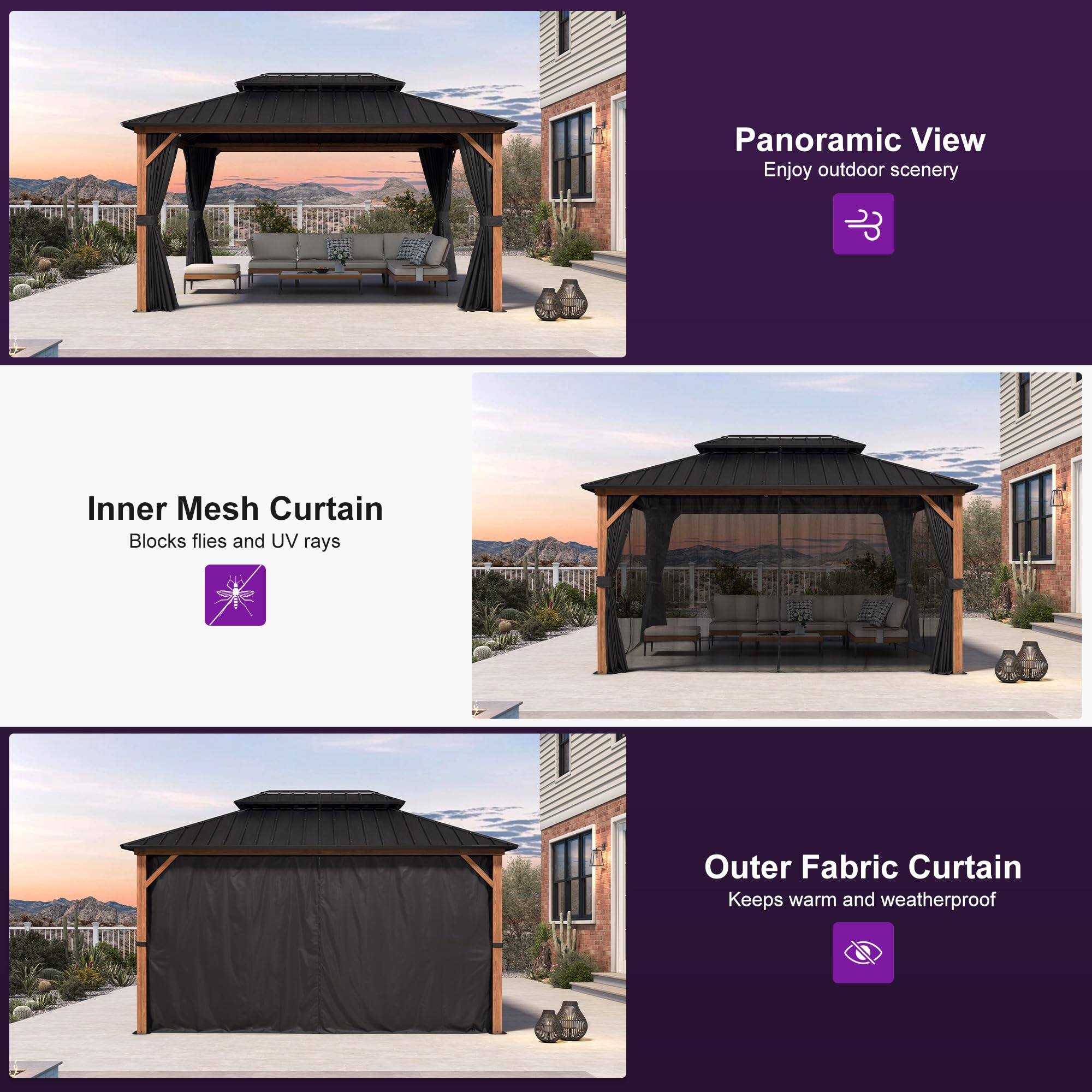 Panoramic View  
Enjoy outdoor scenery

Inner Mesh Curtain  
Blocks flies and UV rays

Outer Fabric Curtain  
Keeps warm and weatherproof