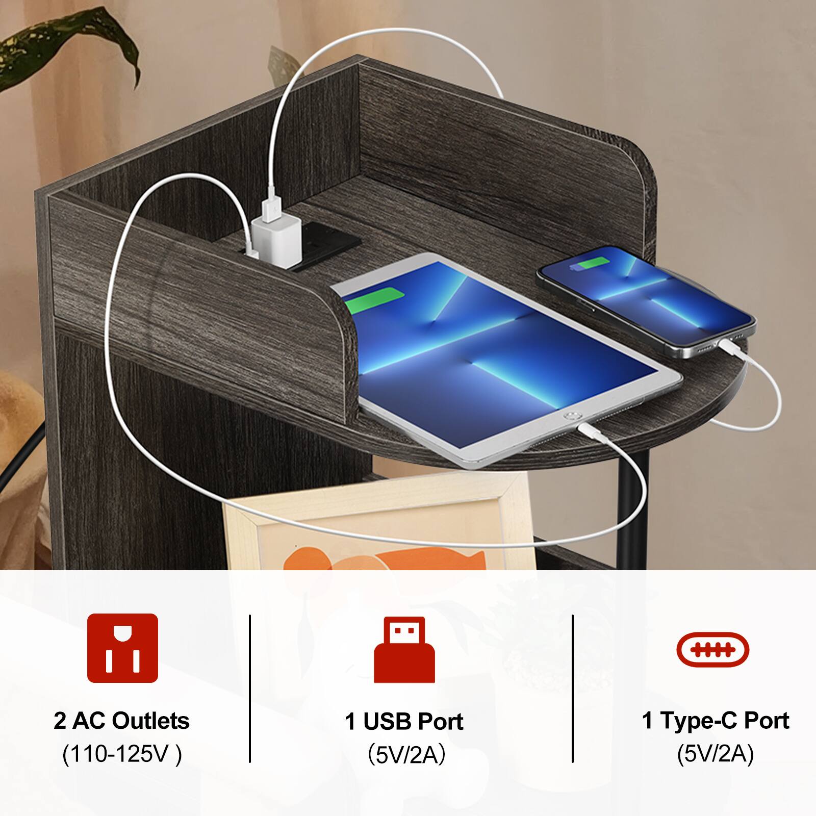 2 AC Outlets (110-125V)  
1 USB Port (5V/2A)  
1 Type-C Port (5V/2A)