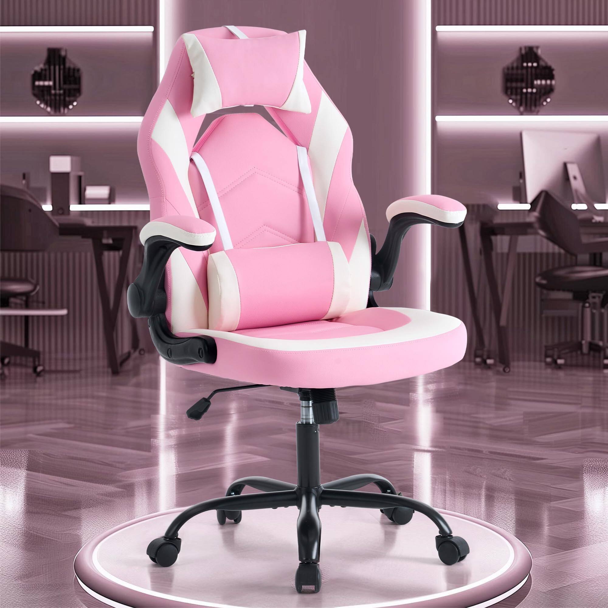 Front. Hirose Alice - OLIXIS Computer Gaming Desk Chair - Big and Tall Ergonomic Comfy Lumbar Support with Flip-up Armrest and 36... - Pink headrest & lumbar support.