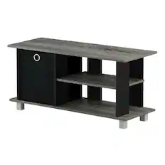 Front. FurniFact - TV Stand with Bin Drawers in Oak and Black Finish for Modern Living Spaces - Brown.
