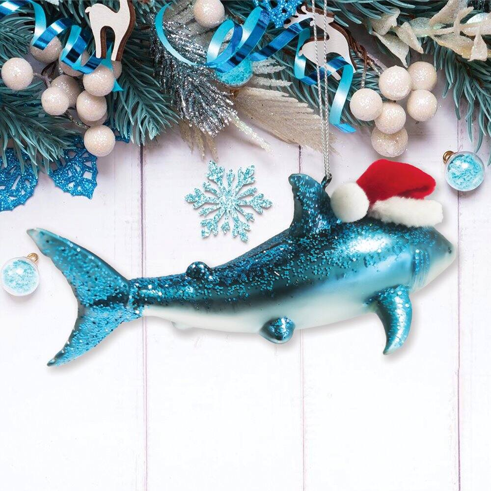 Back. OrnamentallyYou - Shark with Santa Hat Glass Christmas Ornament - Multi-colored.