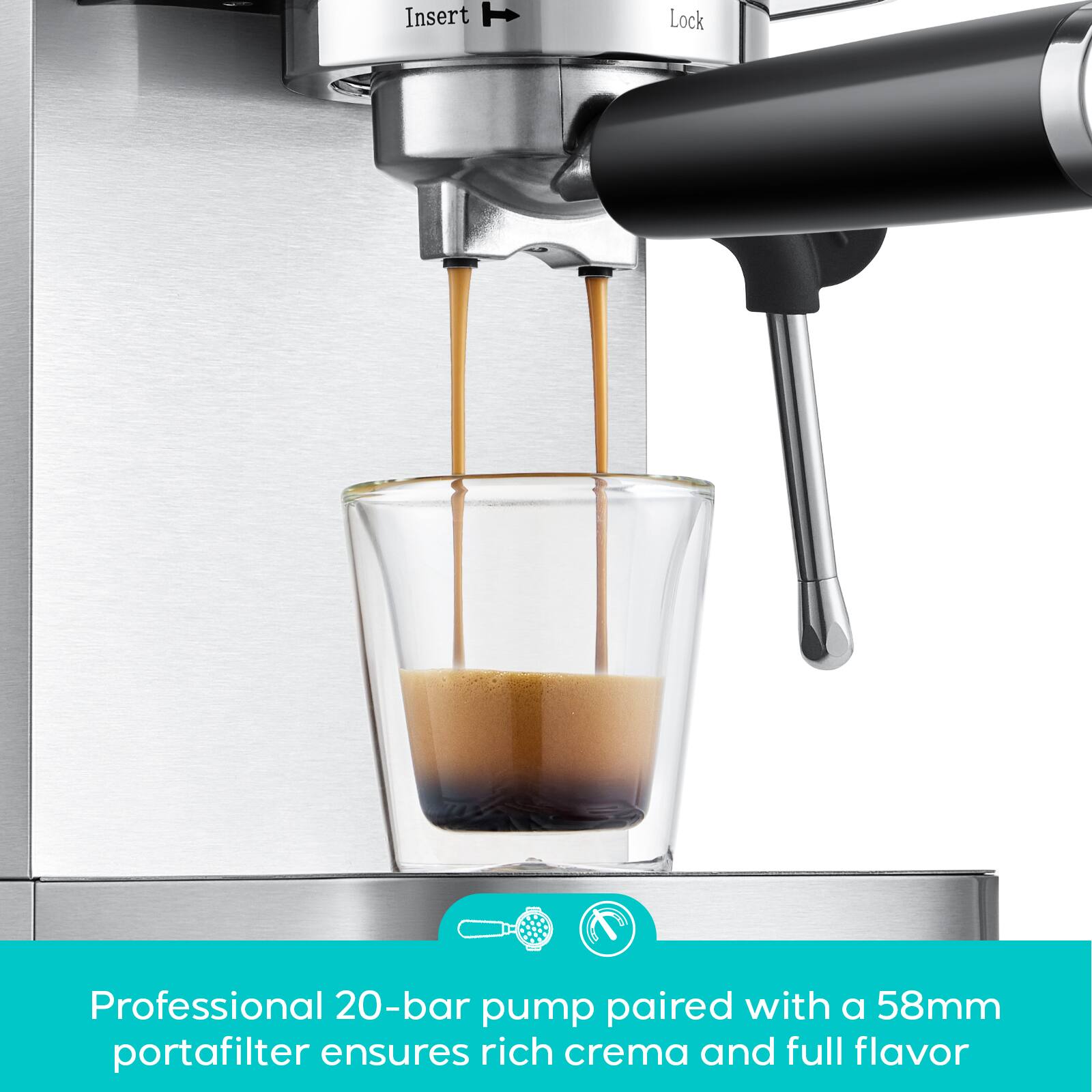 Professional 20-bar pump paired with a 58mm portafilter ensures rich crema and full flavor
