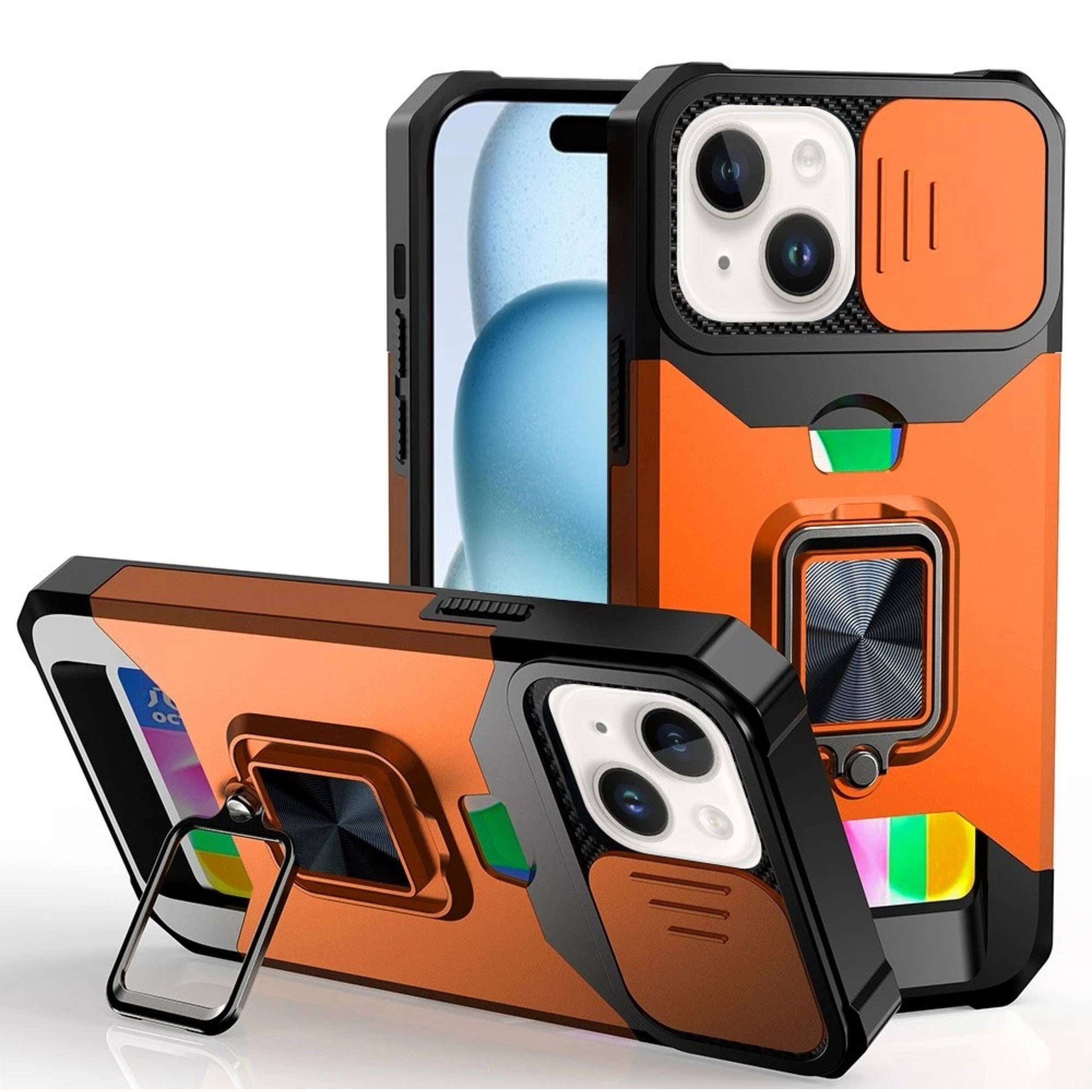 Angle. Kitcheniva - Multi-Use Card Slot Ring Stand Cover Phone Case With 2 Pcs Tempered Glass For iPhone 15 Plus - Orange.