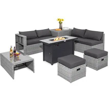 Front. Pefilos - 9 Pieces Patio Furniture Set with 42 Inches 60000 BTU Fire Pit-Gray, Wicker Furniture Conversation Sets, Coffee Table - Gray.