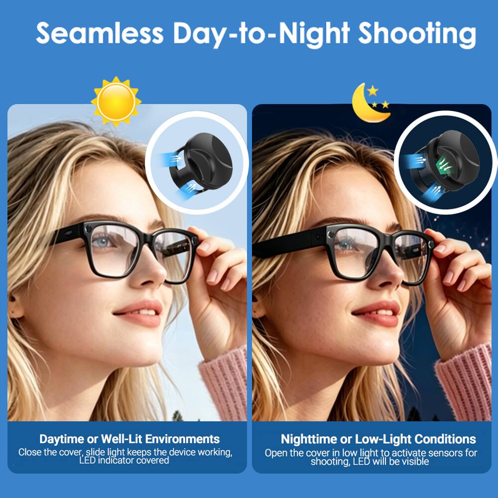 Seamless Day-to-Night Shooting

Daytime or Well-Lit Environments
Close the cover, slide light keeps the device working, LED indicator covered

Nighttime or Low-Light Conditions
Open the cover in low light to activate sensors for shooting, LED will be visible
