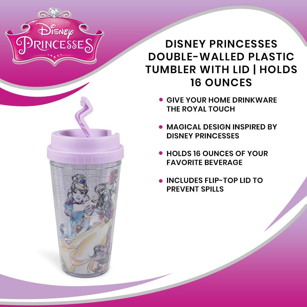Disney Princesses Double-Walled Plastic Tumbler with Lid | Holds 16 Ounces

- Give your home drinkware the royal touch
- Magical design inspired by Disney Princesses
- Holds 16 ounces of your favorite beverage
- Includes flip-top lid to prevent spills