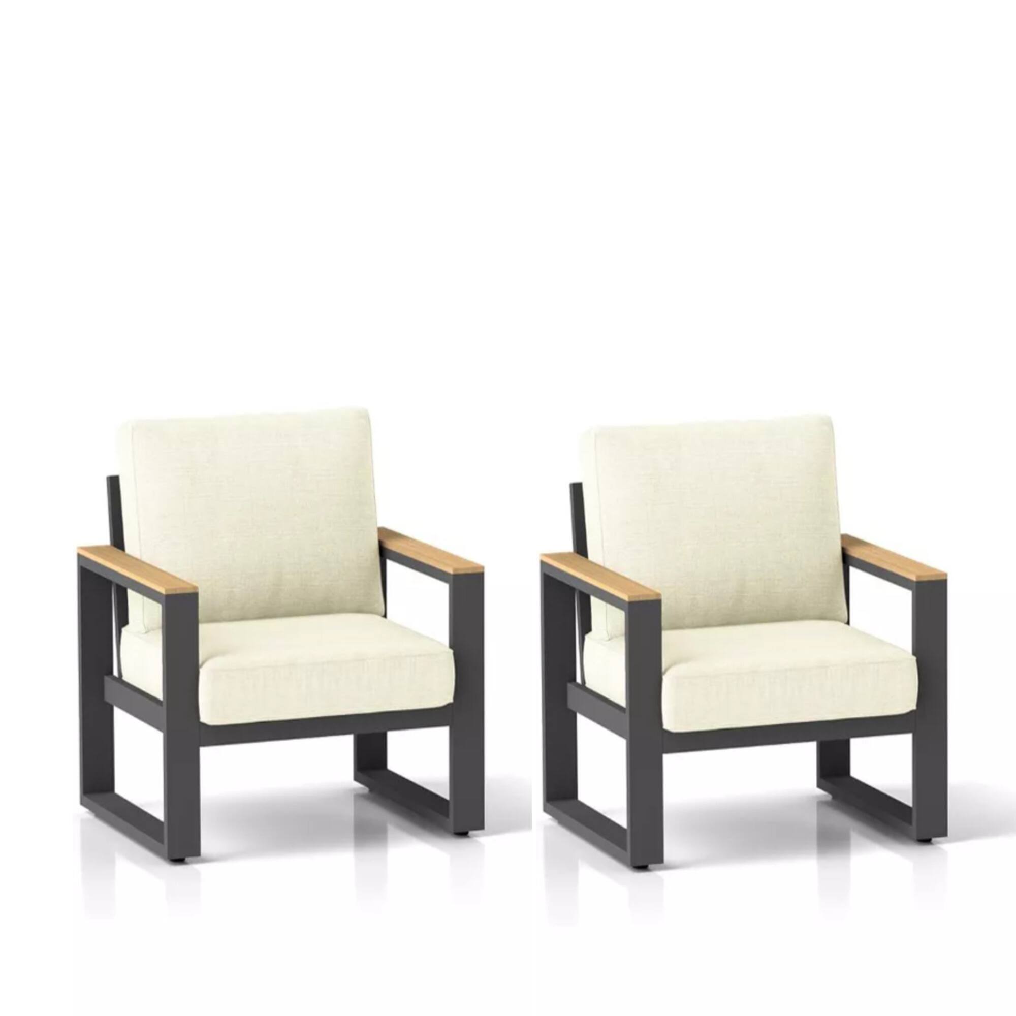 Alt View 4. Mondawe - Set of 2 26.6" Aluminum Patio Armchairs with Cushions - Beige+Black.