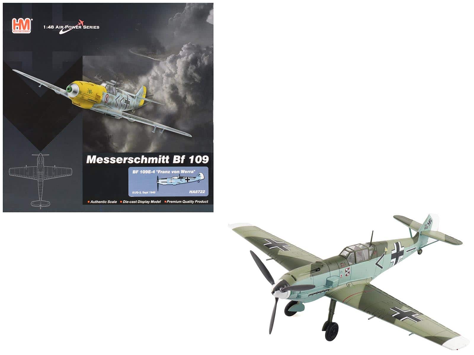 Hobby Master - Messerschmitt Bf 109E-4 "Franz von Werra II/JG-3 1940" German Luftwaffe 1/48 Air Power Series Diecast Model - Multicolor