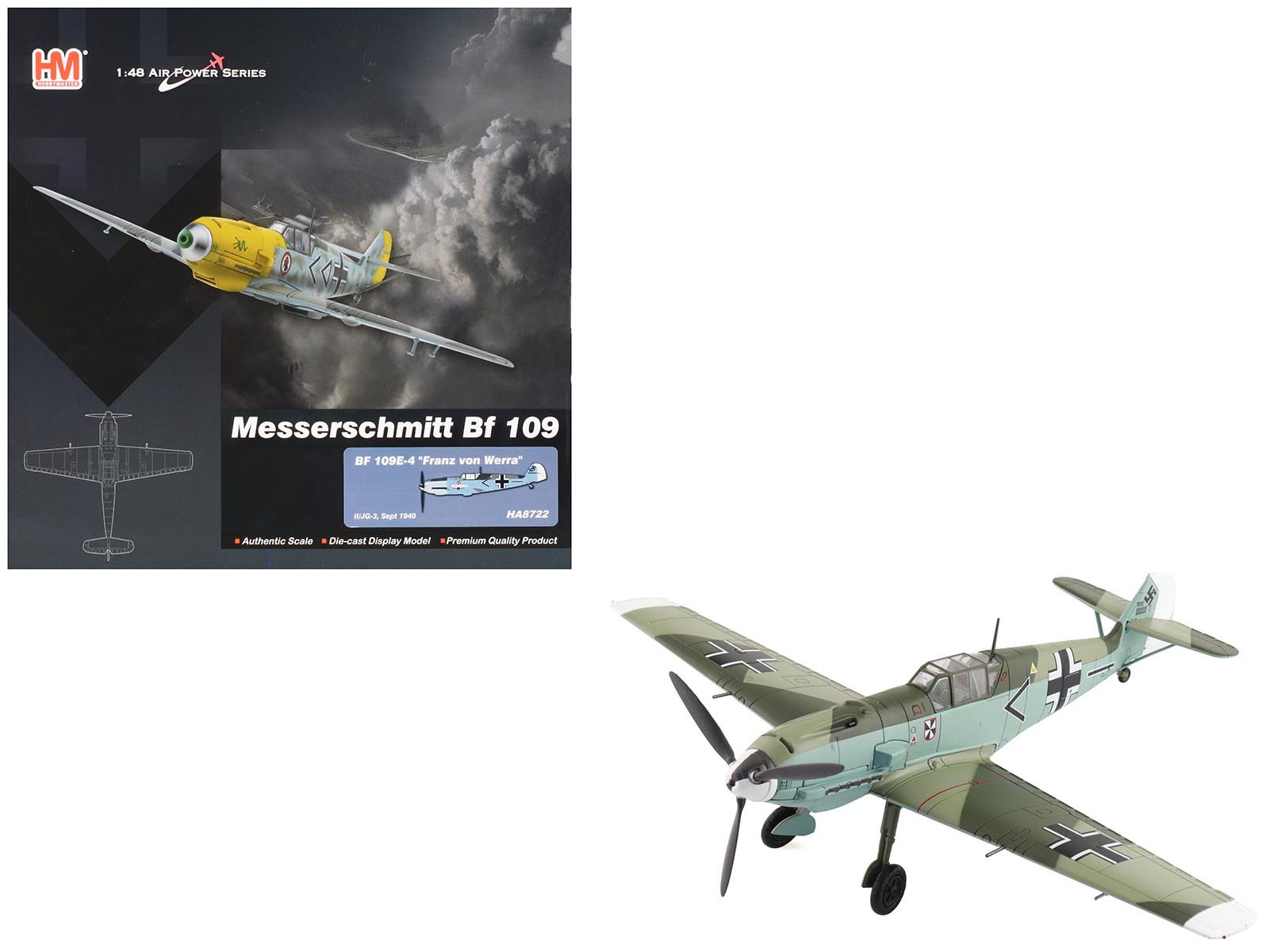 1:48 Air Power Series  
Messerschmitt Bf 109  
BF 109E-4 "Franz von Werra"  
HA8722  
Authentic Scale Die-cast Display Model  
Premium Quality Product  
HJG-3, Sept 1940