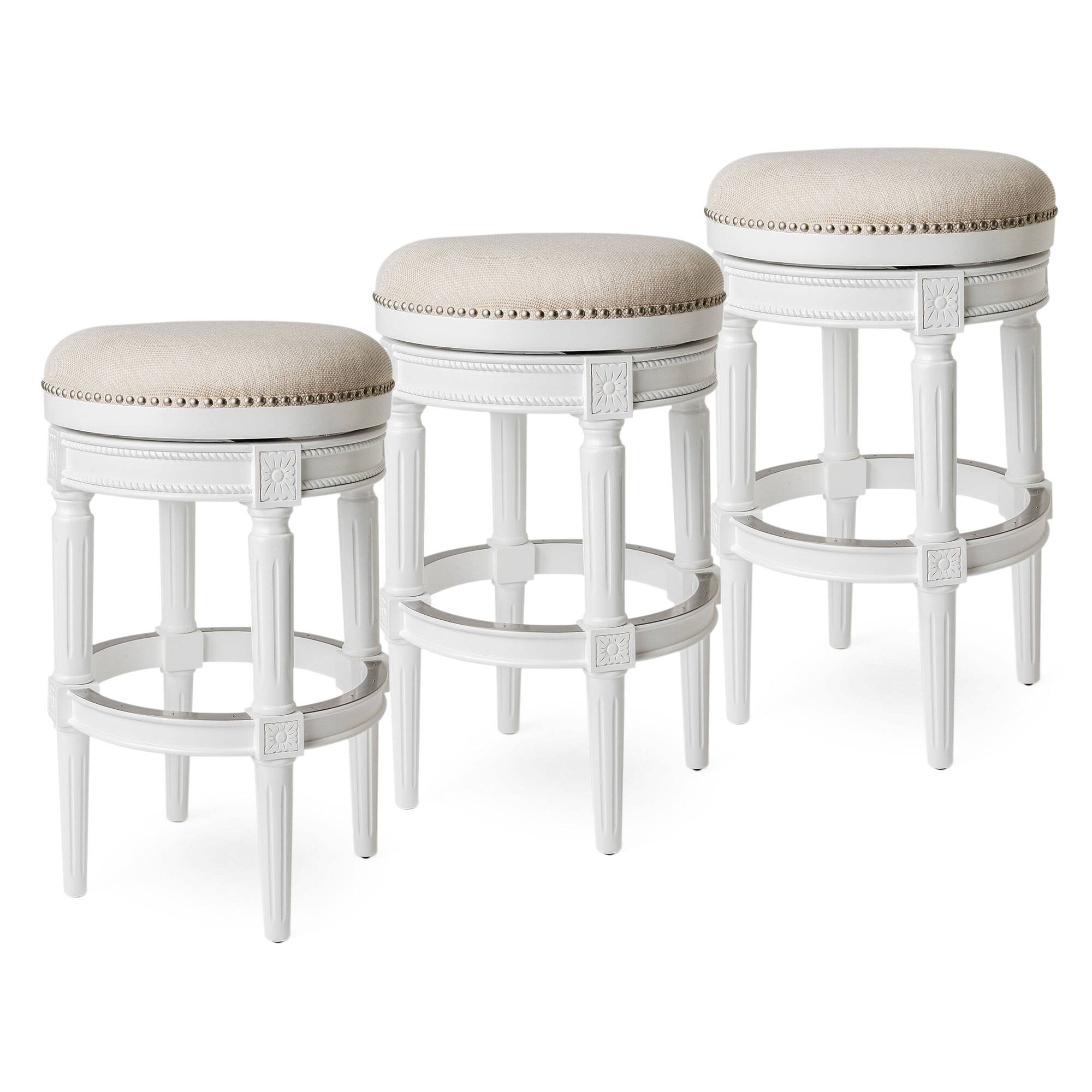 Front. Maven Lane - Maven Lane Pullman Backless Bar Stool in Alabaster White Finish w/ Cream Fabric Upholstery, Set of 3 - Alabaster White.