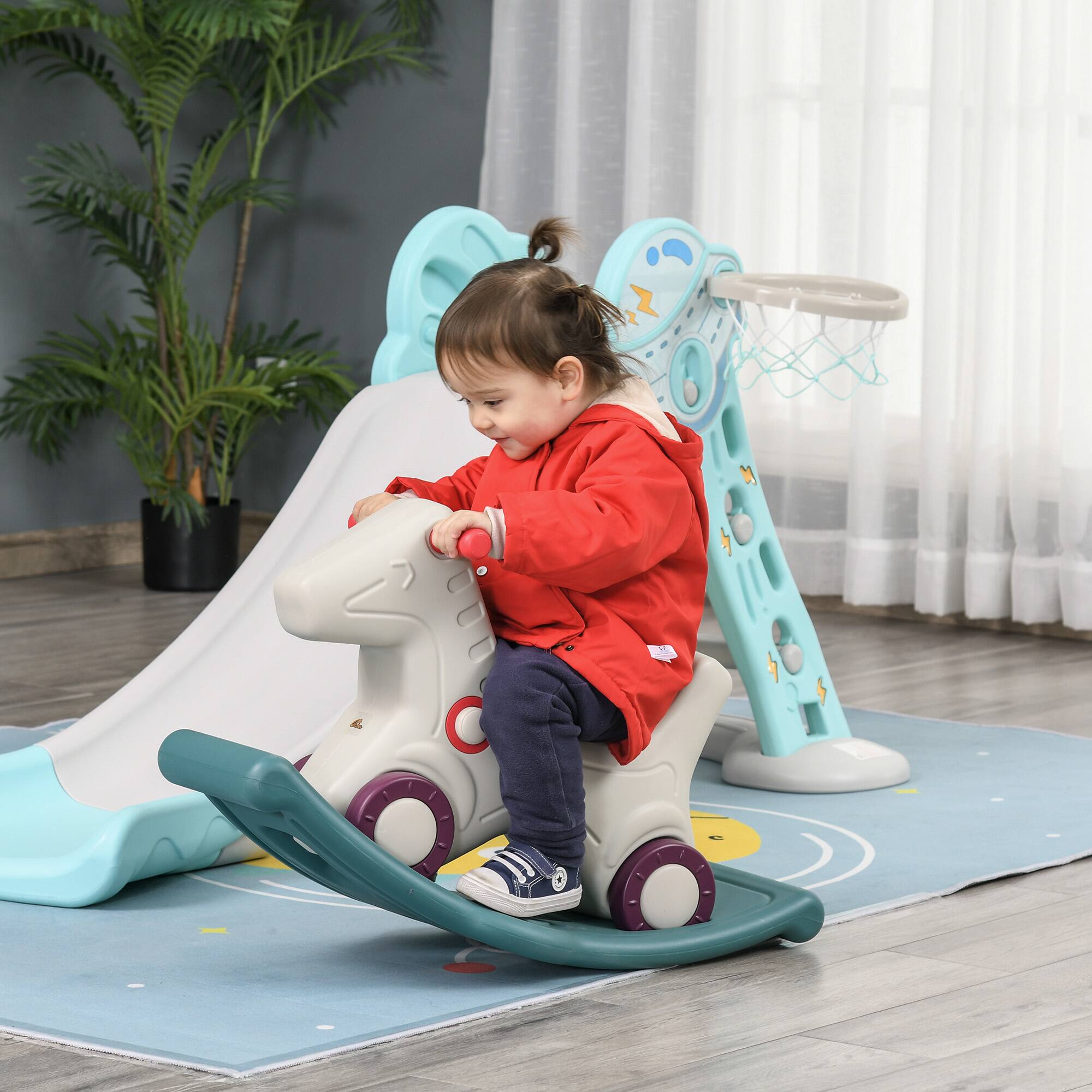 Angle. Qaba - Kids 2 in 1 Rocking Horse & Sliding Car for Indoor & Outdoor Use w/ Detachable Base, Wheels, Smooth Materials.