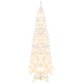 Costway - 7FT Pre-Lit Hinged Pencil Christmas Tree with 300 LED Lights & 8 Flash Modes - White