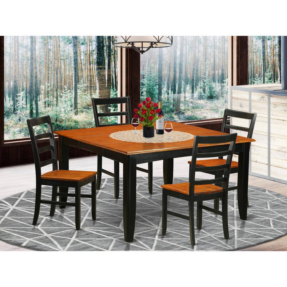 Back. East West Furniture - 5 Pc Dining set-Square Dining Table with Leaf and 4 Dining Chairs - Black & Cherry.