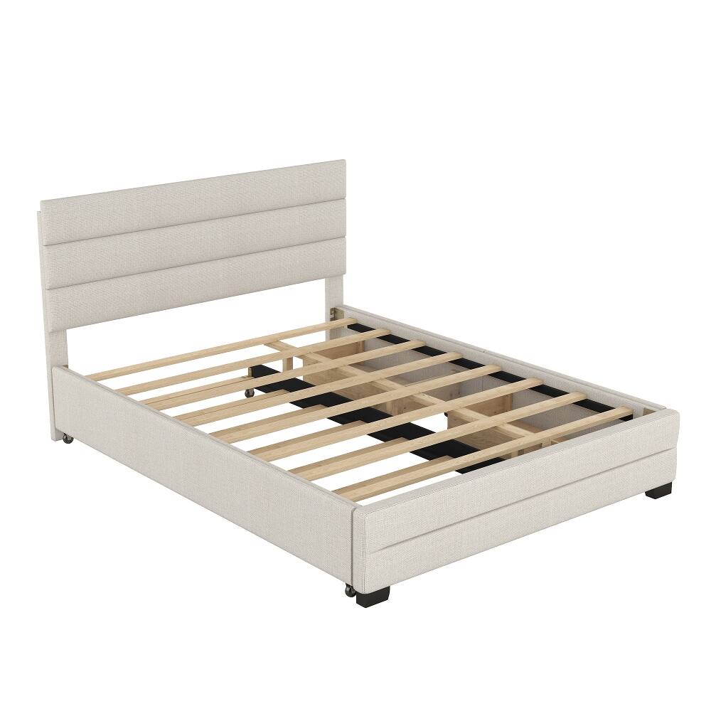 Alt View 10. Loheer - Loheer Queen Upholstered Platform Bed with Twin Trundle and 2 Storage Drawers, Beige Linen Bed Frame - Beige.