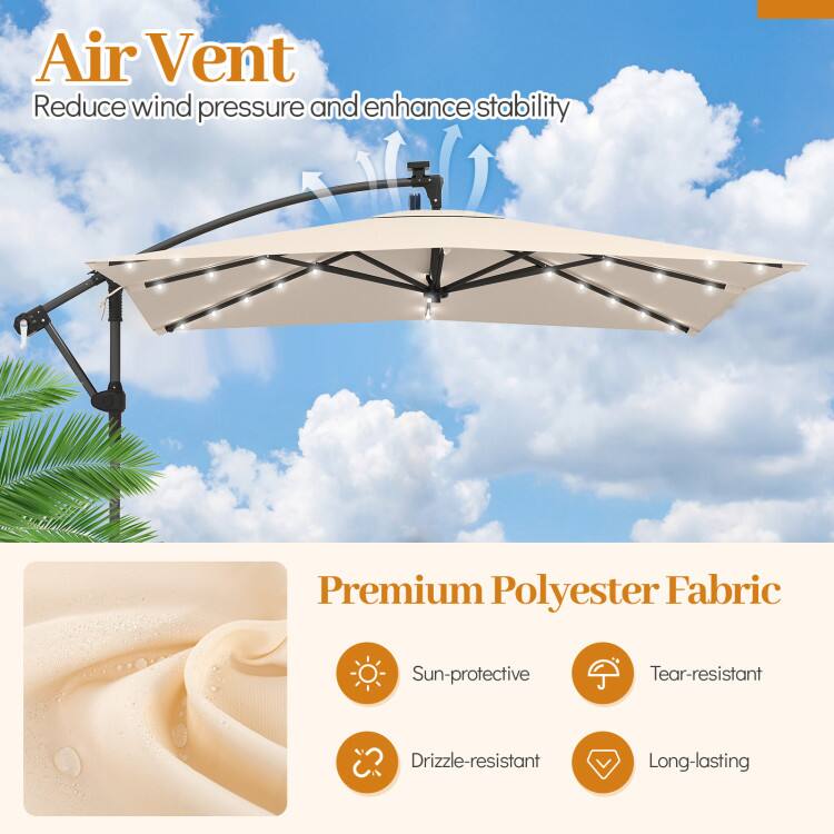 Air Vent  
Reduce wind pressure and enhance stability  

Premium Polyester Fabric  
Sun-protective  
Tear-resistant  
Drizzle-resistant  
Long-lasting